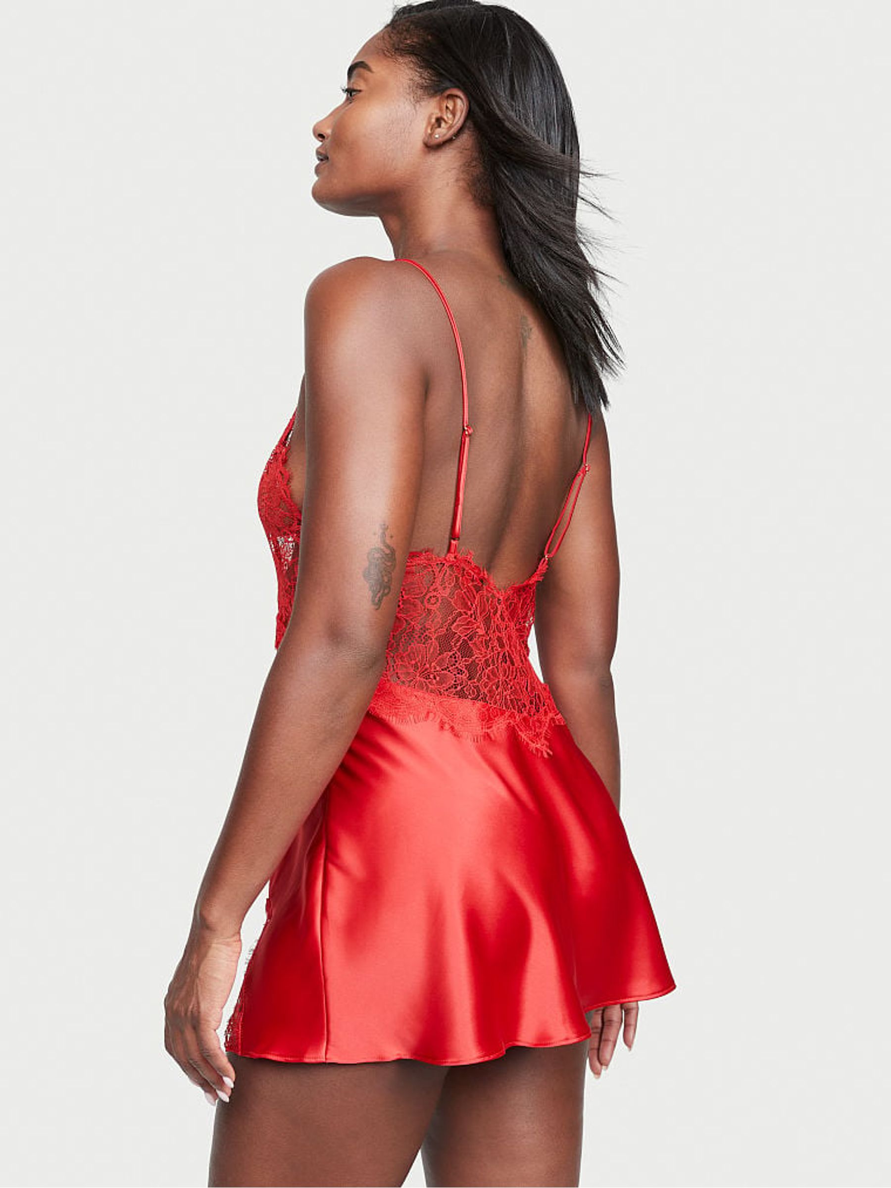 Lipstick Red Satin Lace Slip Dress - Image 2 of 3