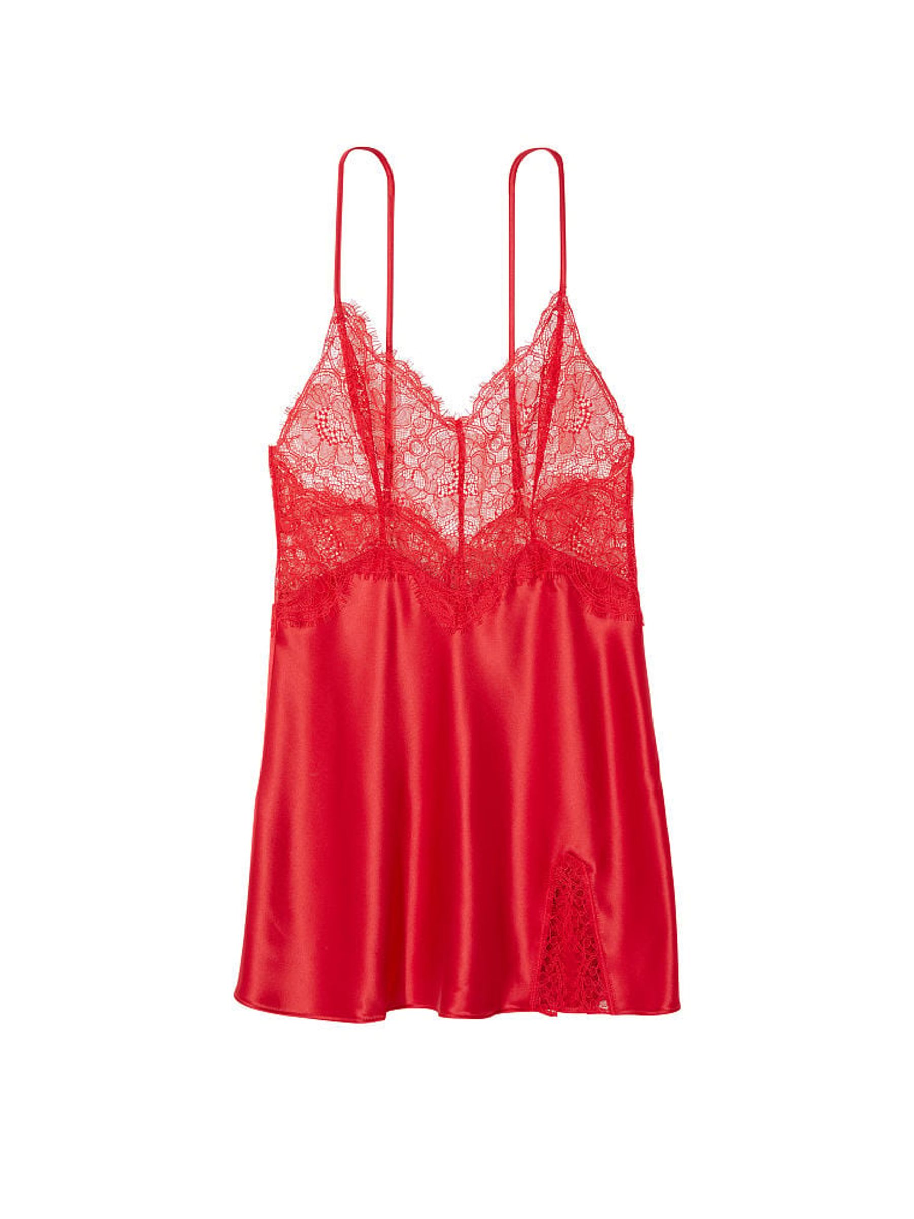Lipstick Red Satin Lace Slip Dress - Image 3 of 3