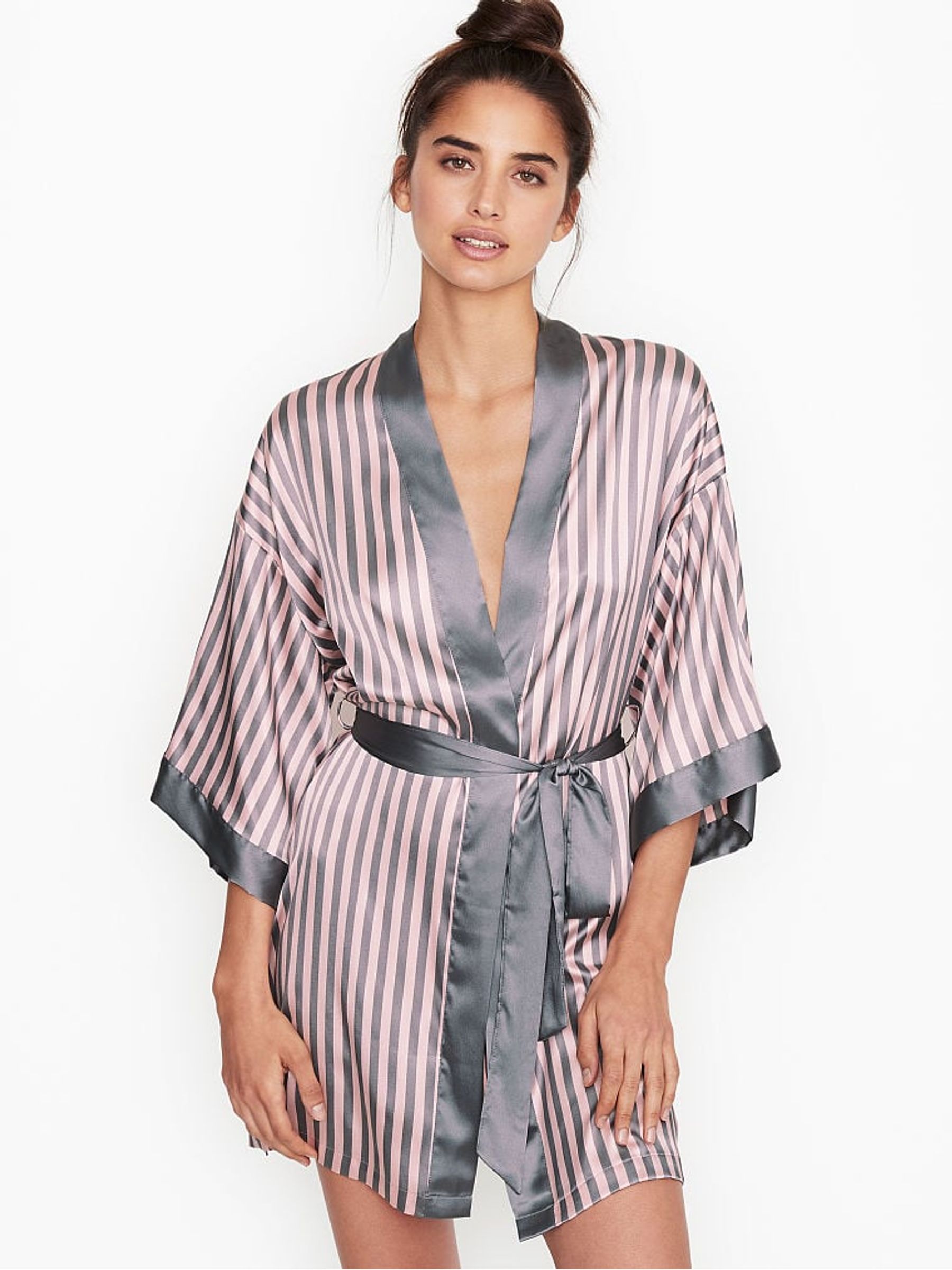Pink/Grey Stripe Satin Kimono Robe - Image 1 of 1