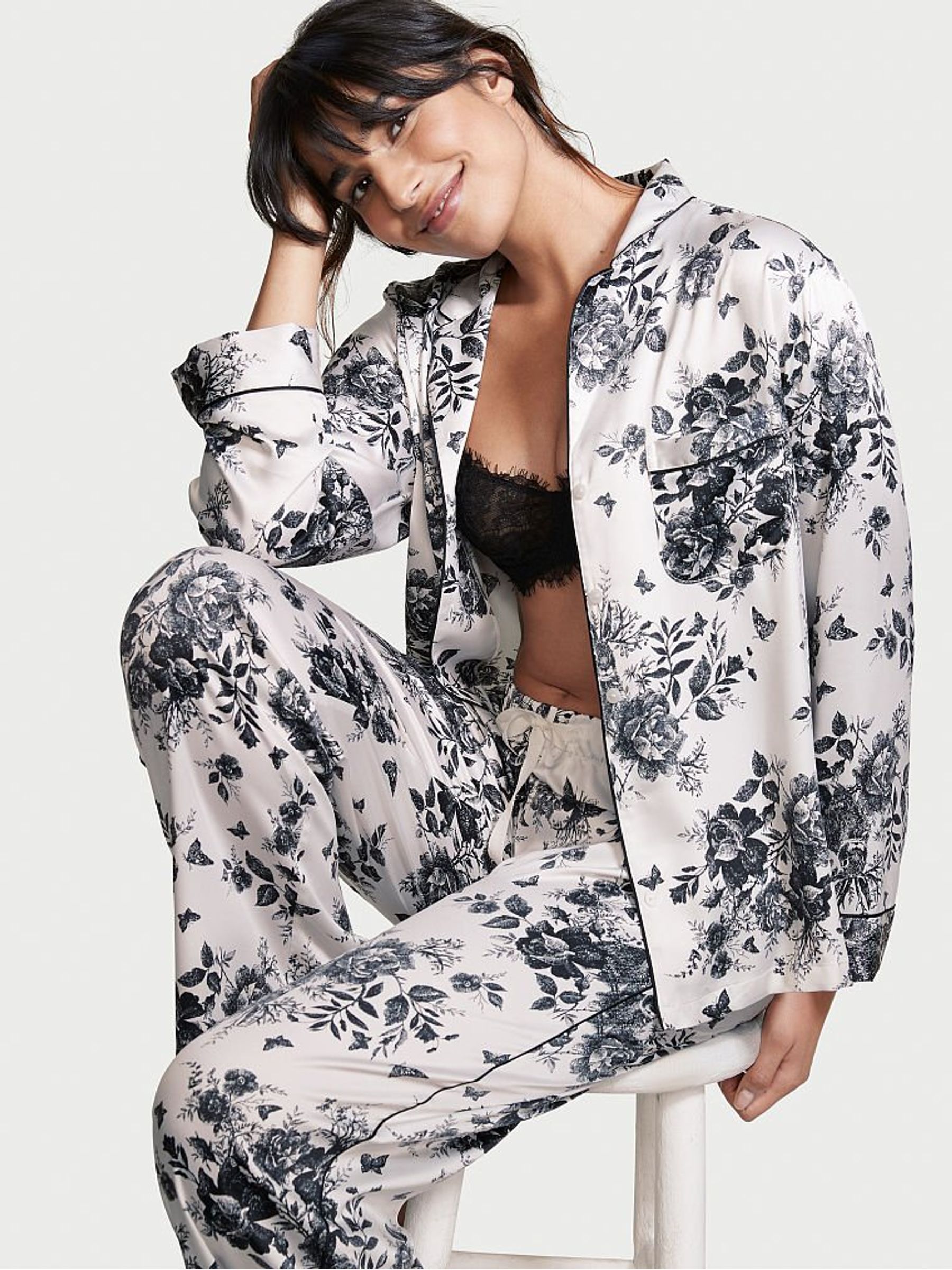 White Hidden Bunny Toile Satin Long Pyjama Set - Image 1 of 4