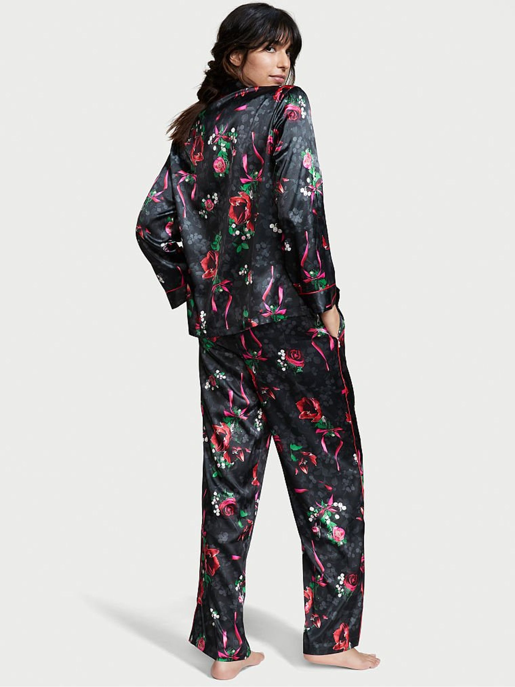 Black Christmas Misteltoe Print Satin Long Pyjama Set - Image 2 of 5