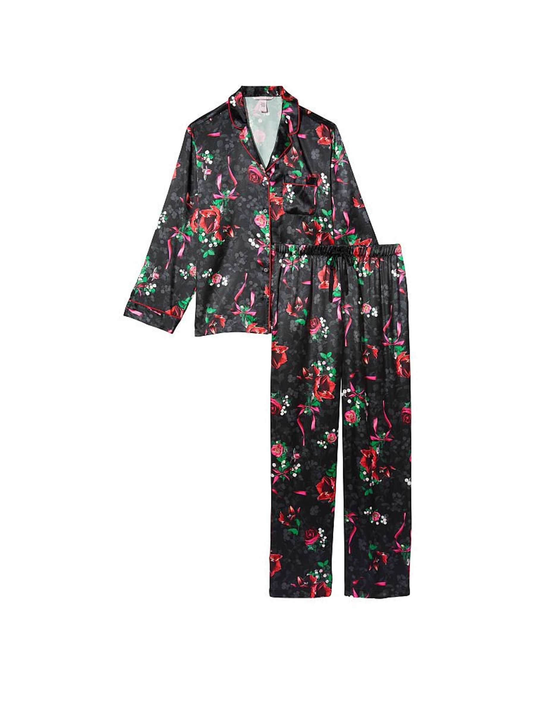 Black Christmas Misteltoe Print Satin Long Pyjama Set - Image 3 of 5