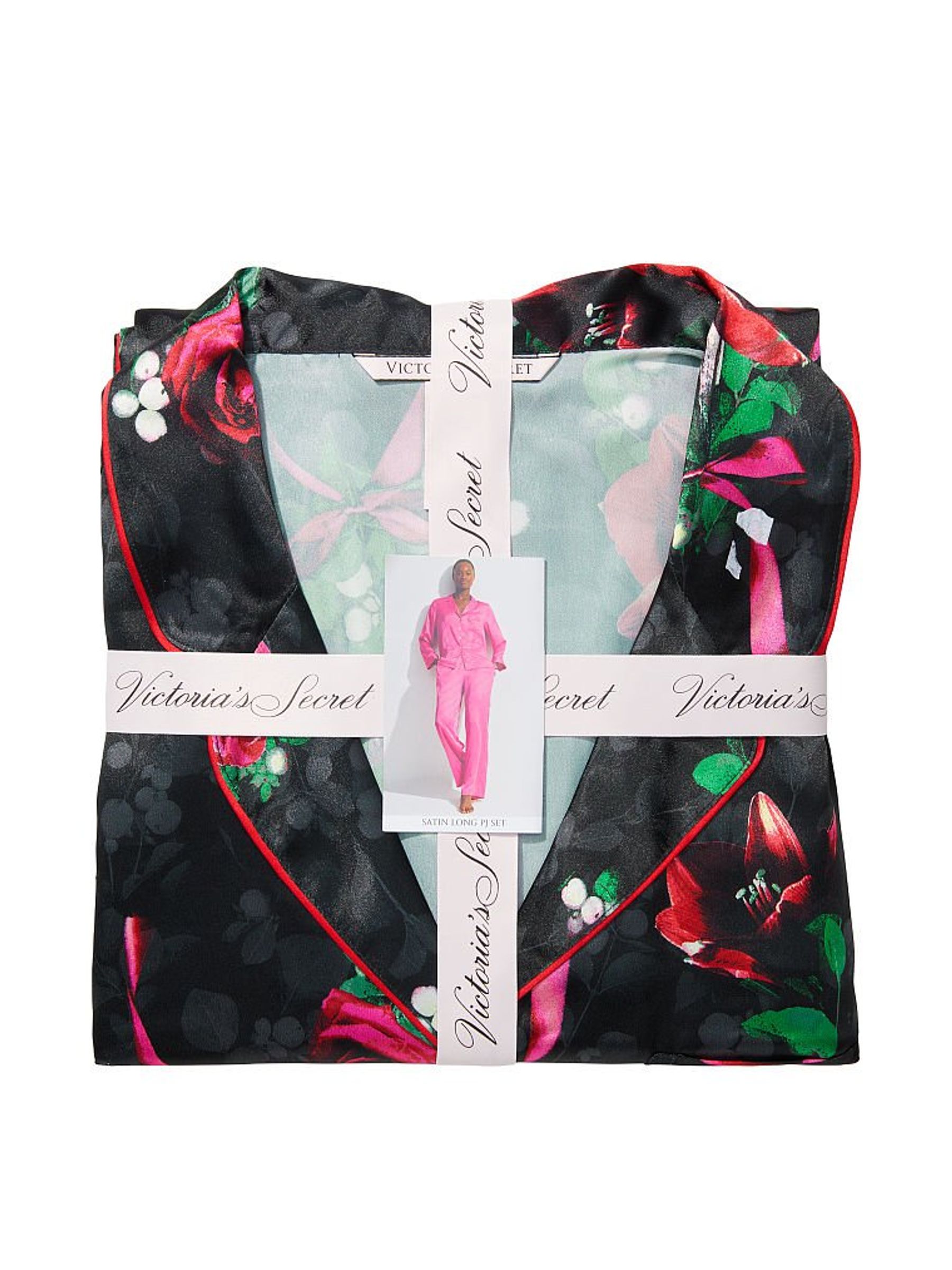 Black Christmas Misteltoe Print Satin Long Pyjama Set - Image 4 of 5
