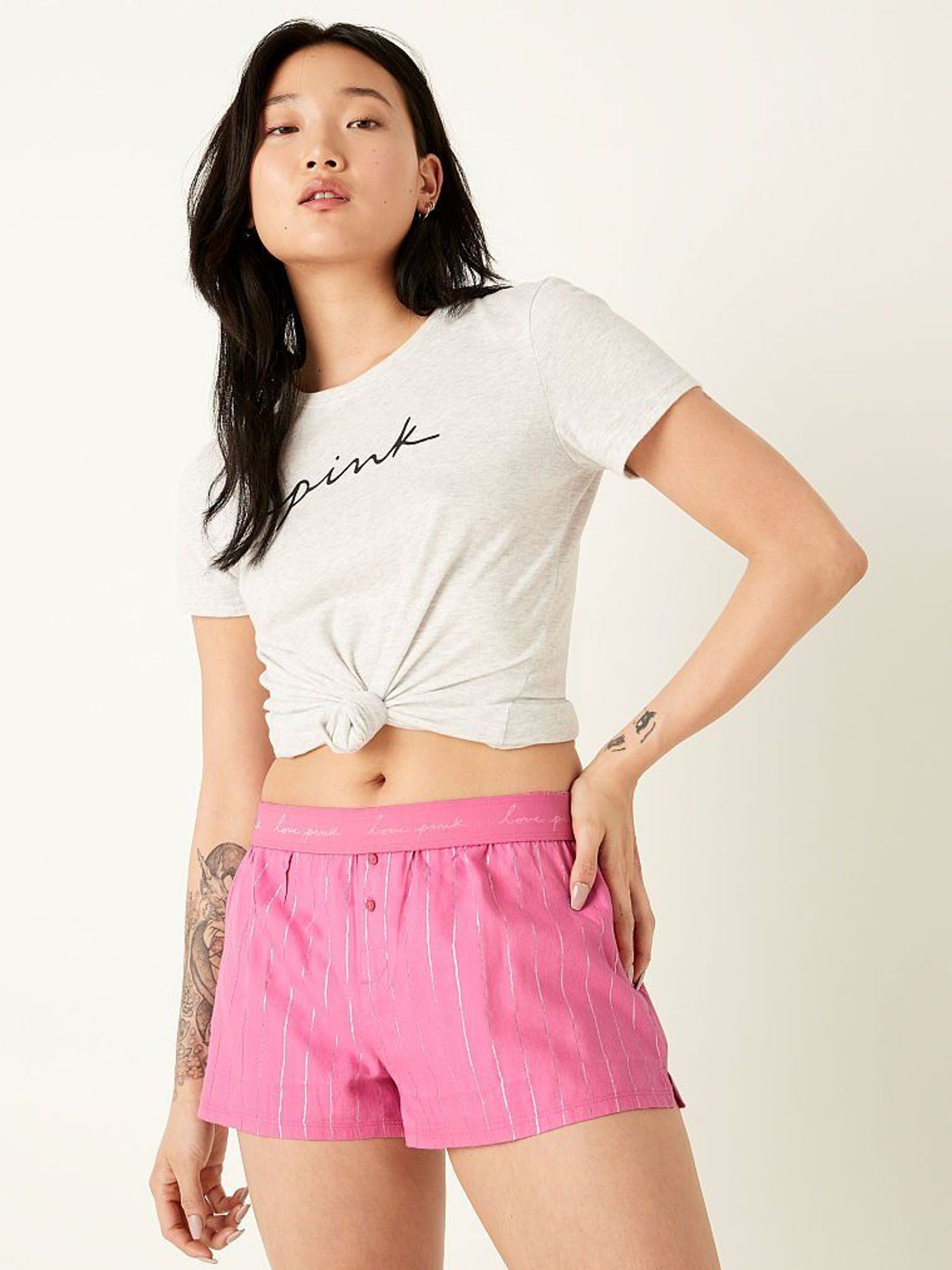 Dahlia/ Silver Stripe Flannel Sleep Boxy Shorts - Image 1 of 3