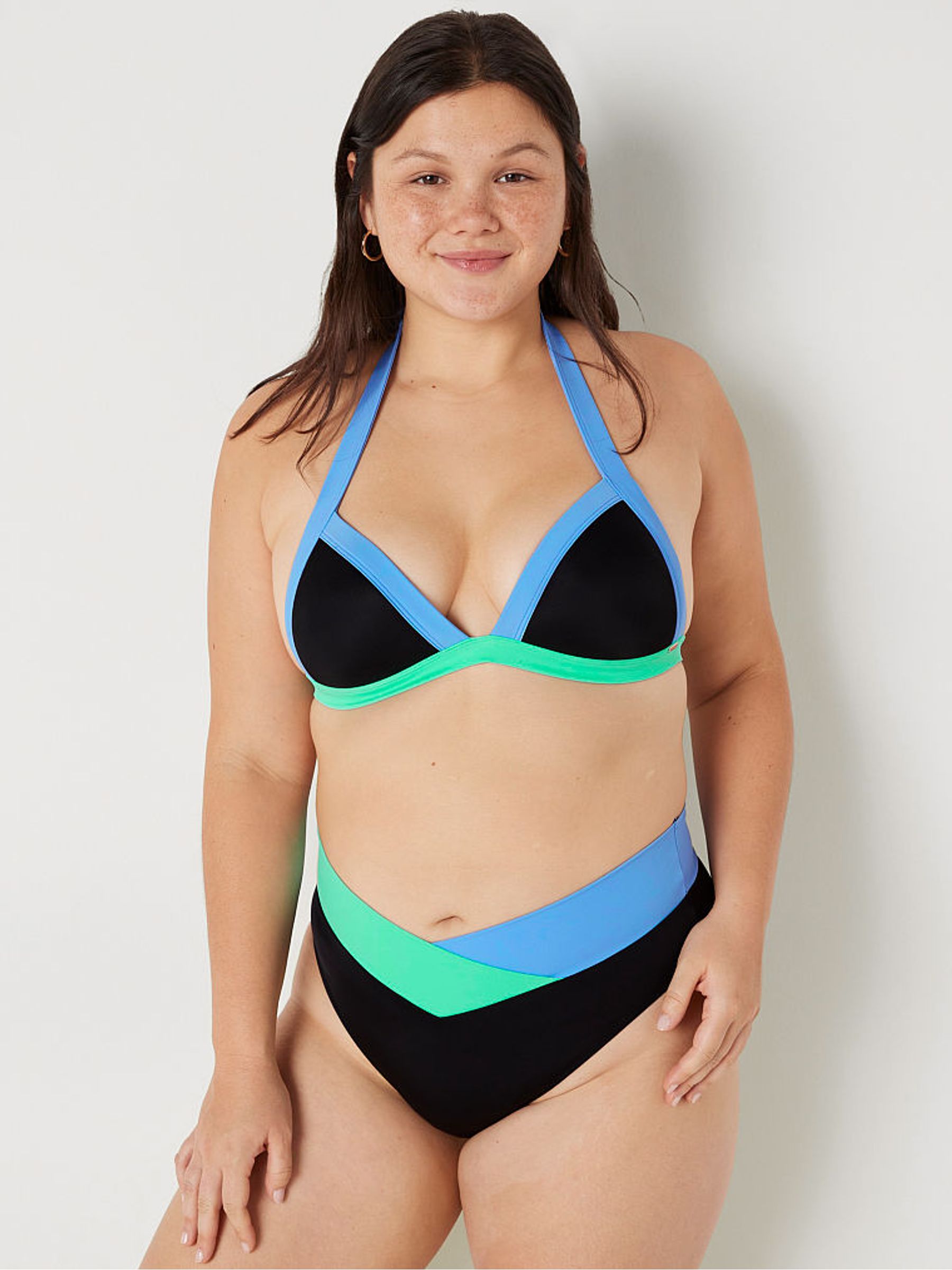 Cornflower Blue Colour Block Push Up Push Up Triangle Halterneck Bikini Top - Image 1 of 4