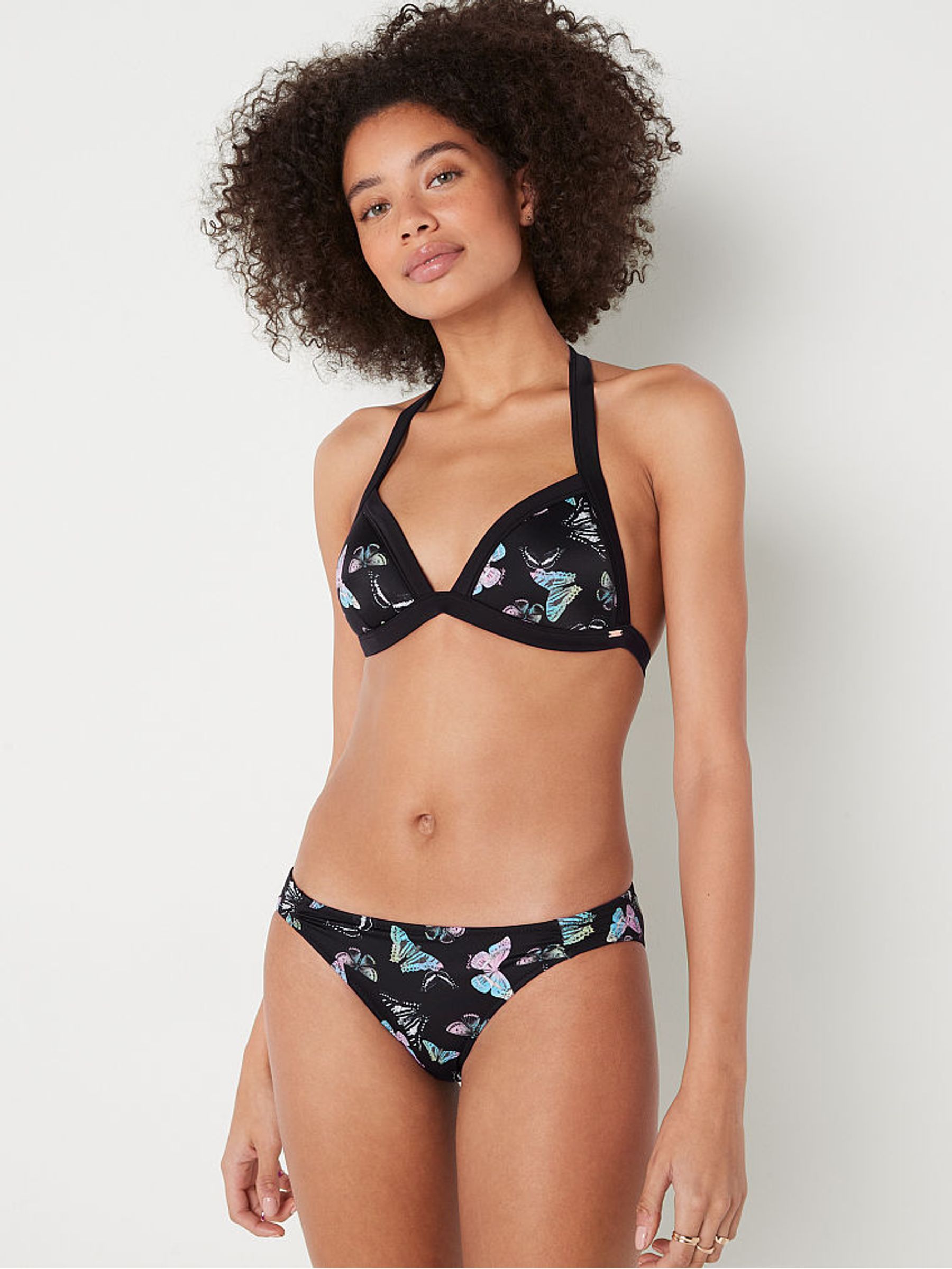 Dark Charcoal Grey Butterfly Push Up Triangle Halterneck Bikini Top - Image 1 of 4
