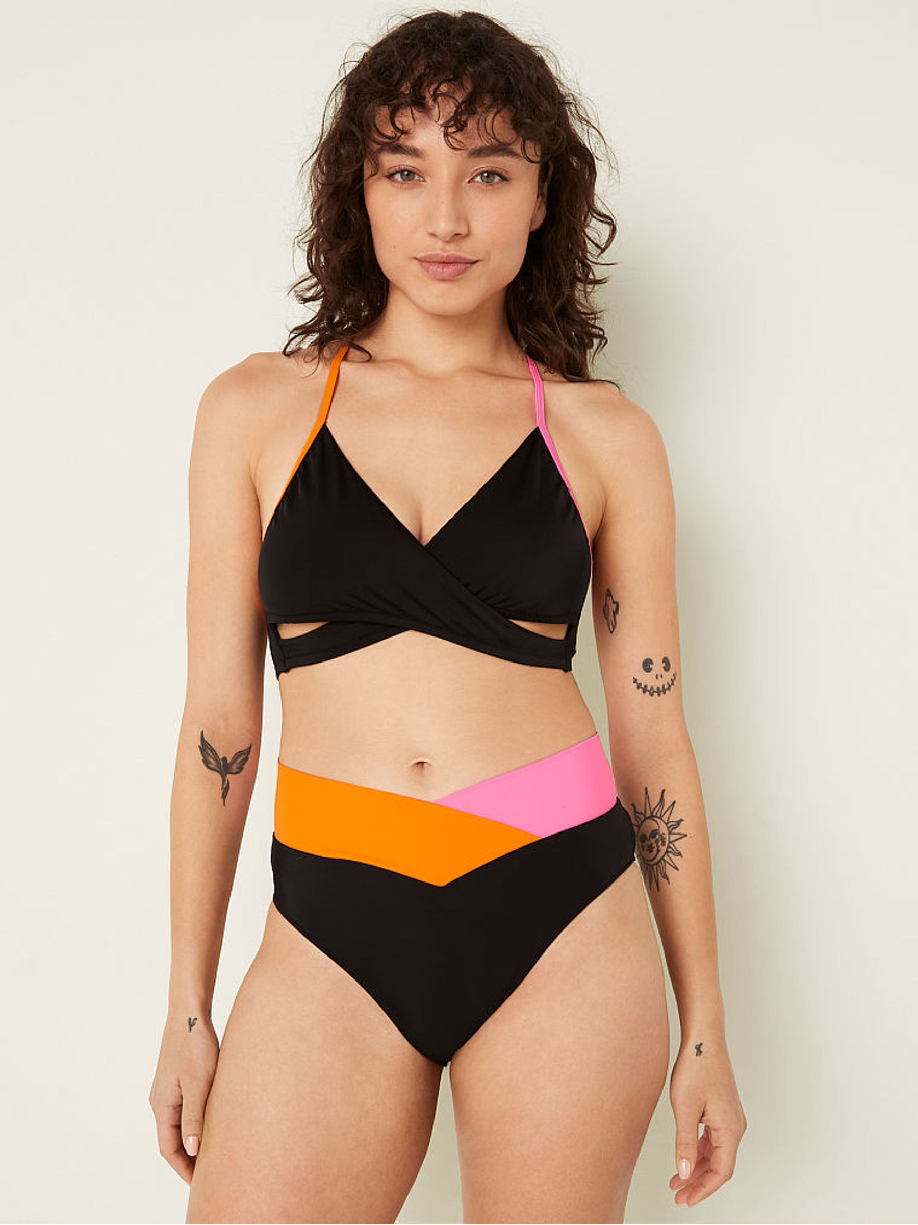 Radiant Rose Pink Colour Block Halter Push Up Triangle Halterneck