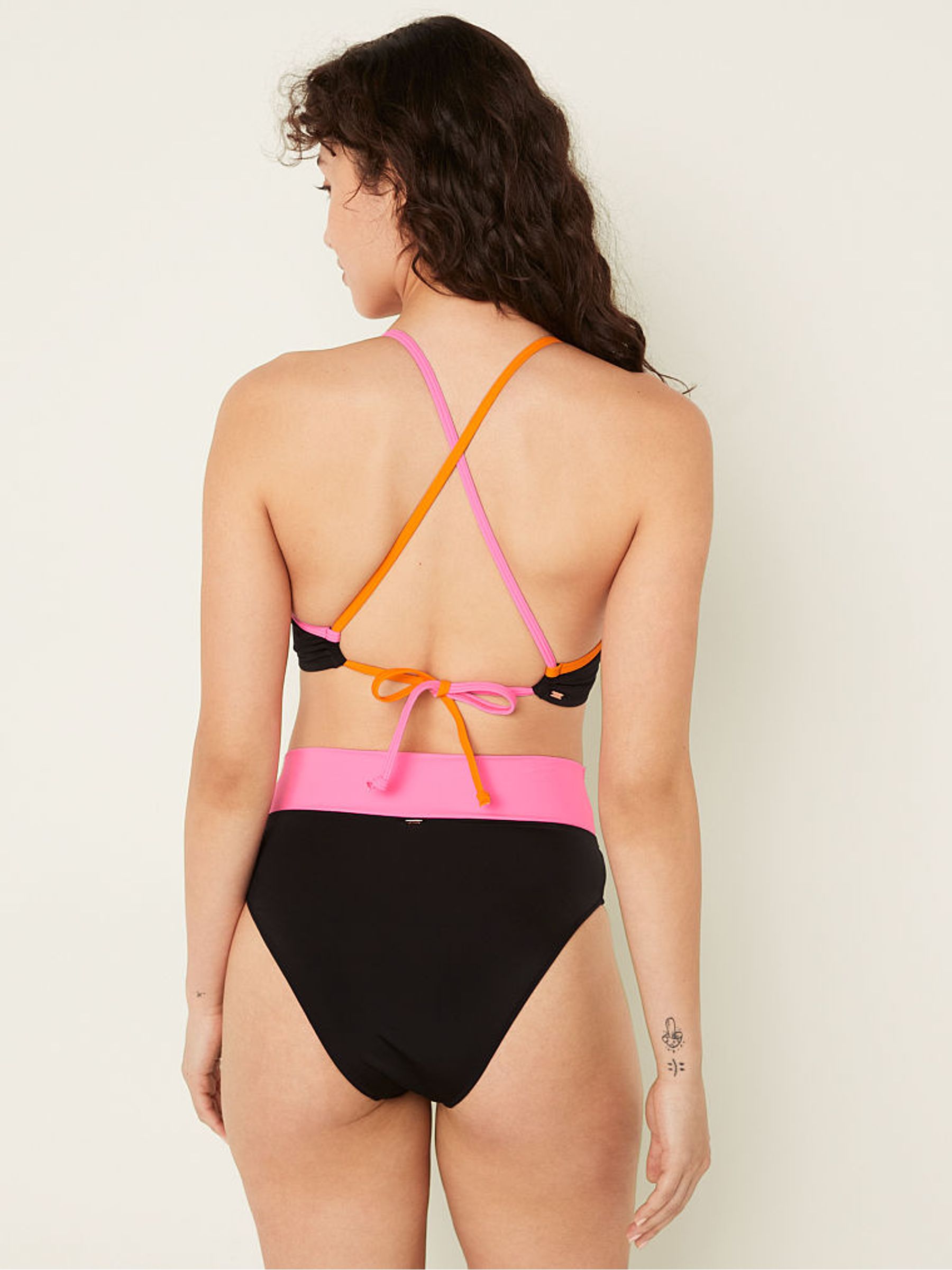 Radiant Rose Pink Colour Block Halter Push Up Triangle Halterneck Bikini Top - Image 2 of 4