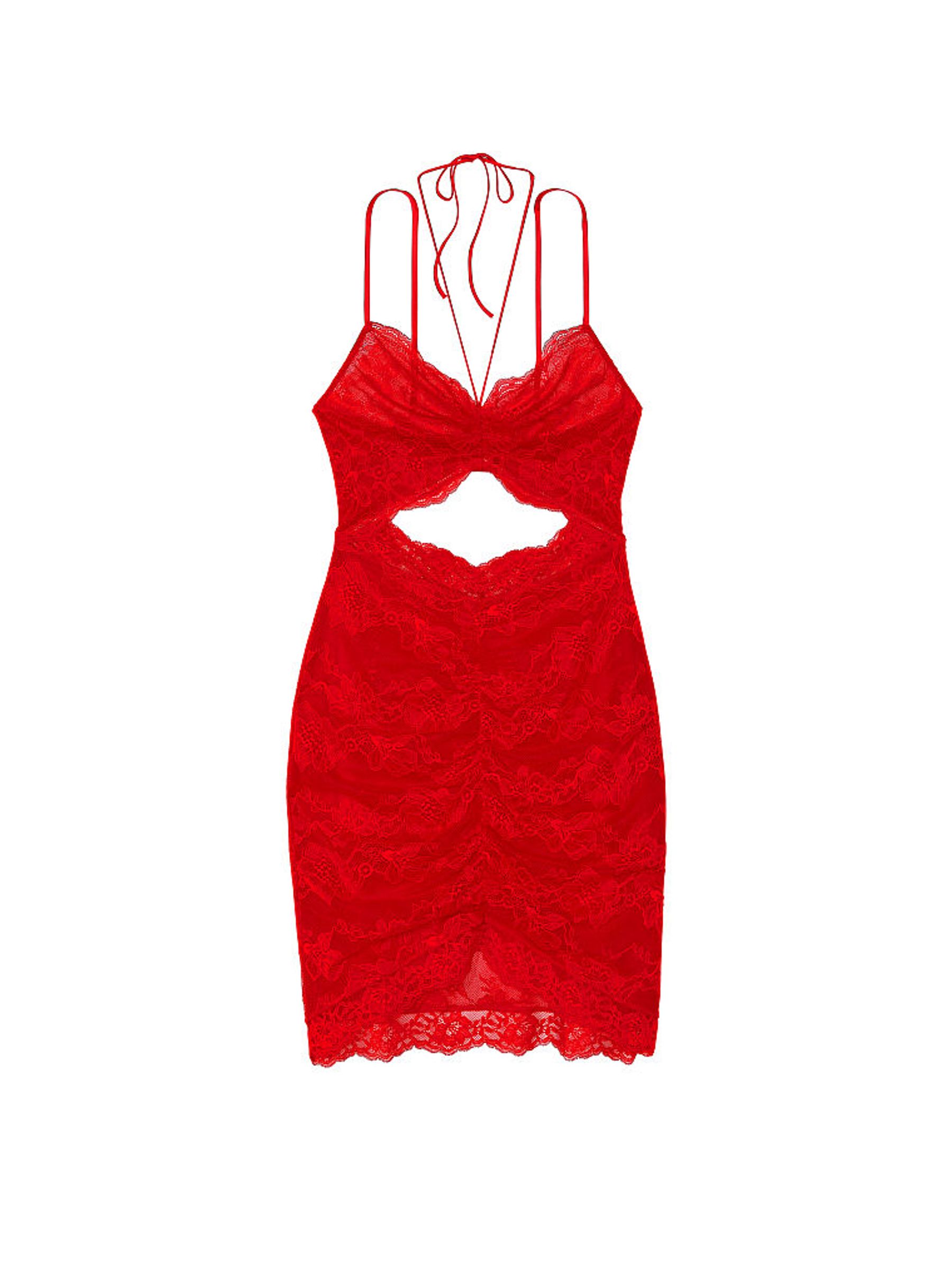Lipstick Red Ruched Lace Cutout Dress - Image 3 of 3