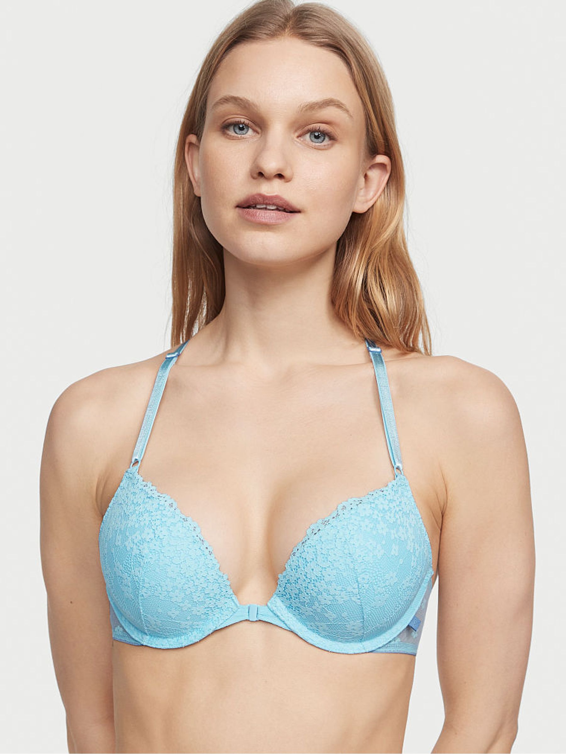 Victoria Blue Lace Front Fastening Push Up T-Shirt Bra - Image 1 of 3