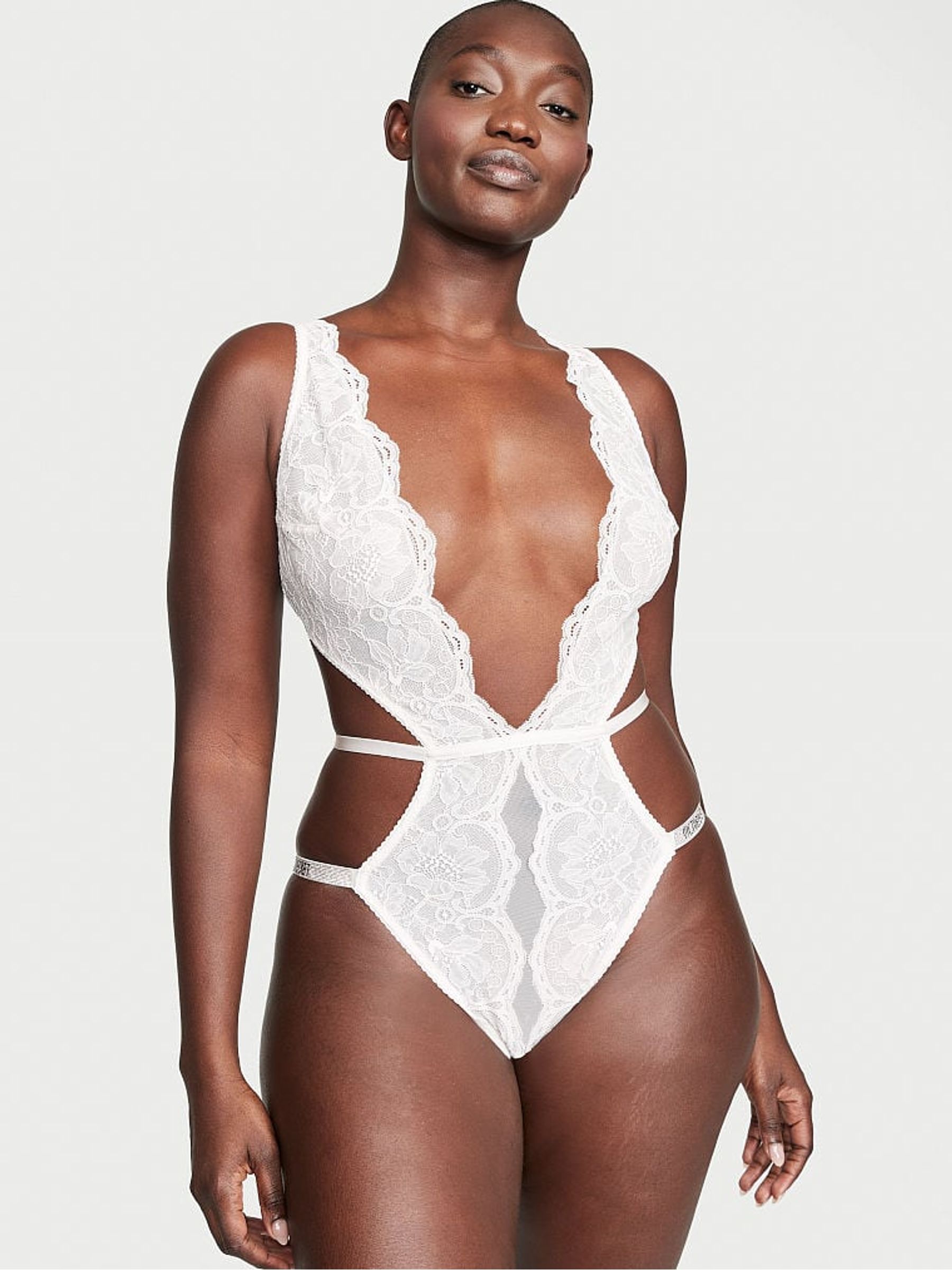 Coconut White Shine Strap Lace Crotchless Bodysuit - Image 1 of 3