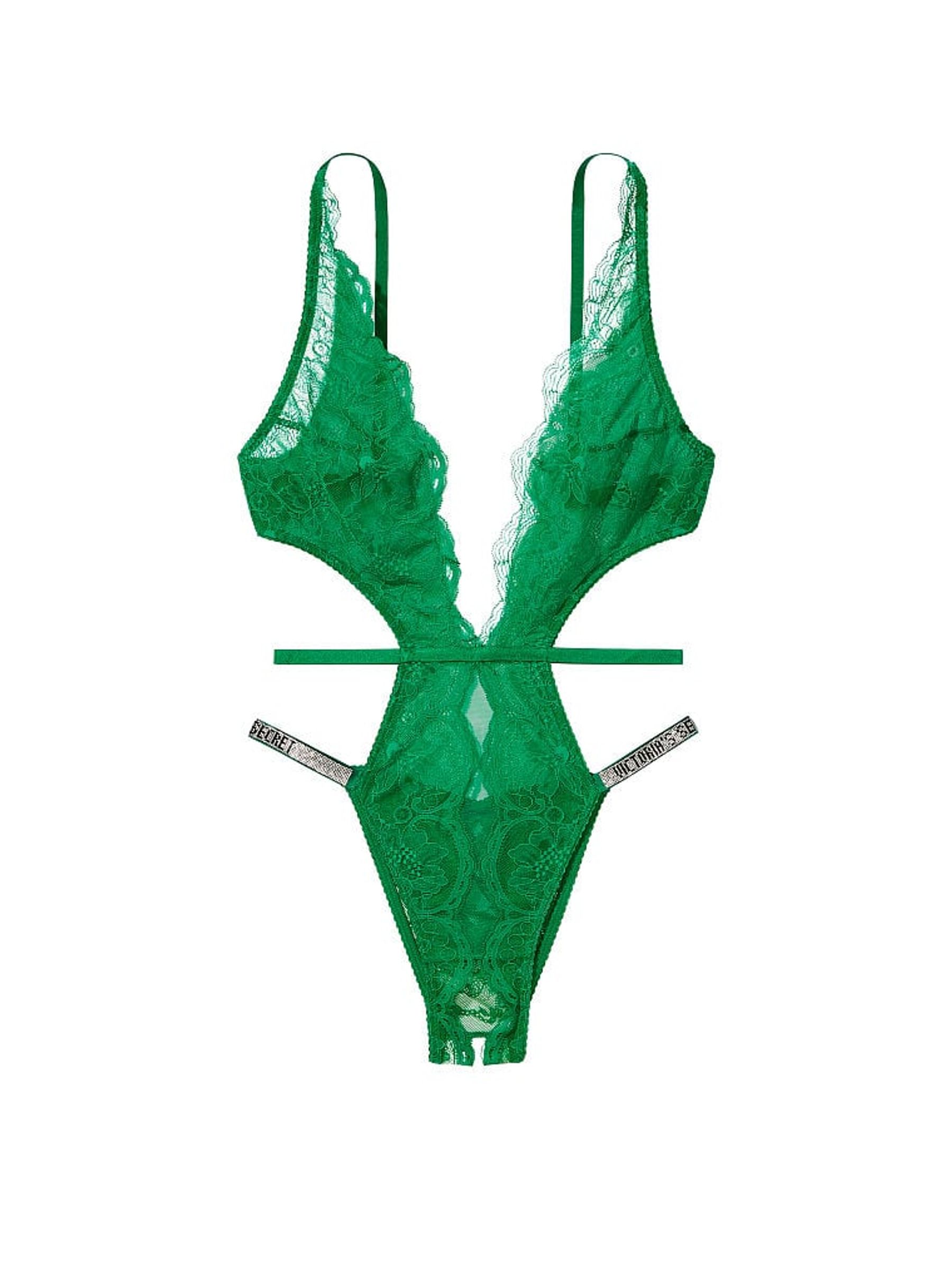 Verdant Green Shine Strap Lace Crotchless Bodysuit - Image 3 of 3