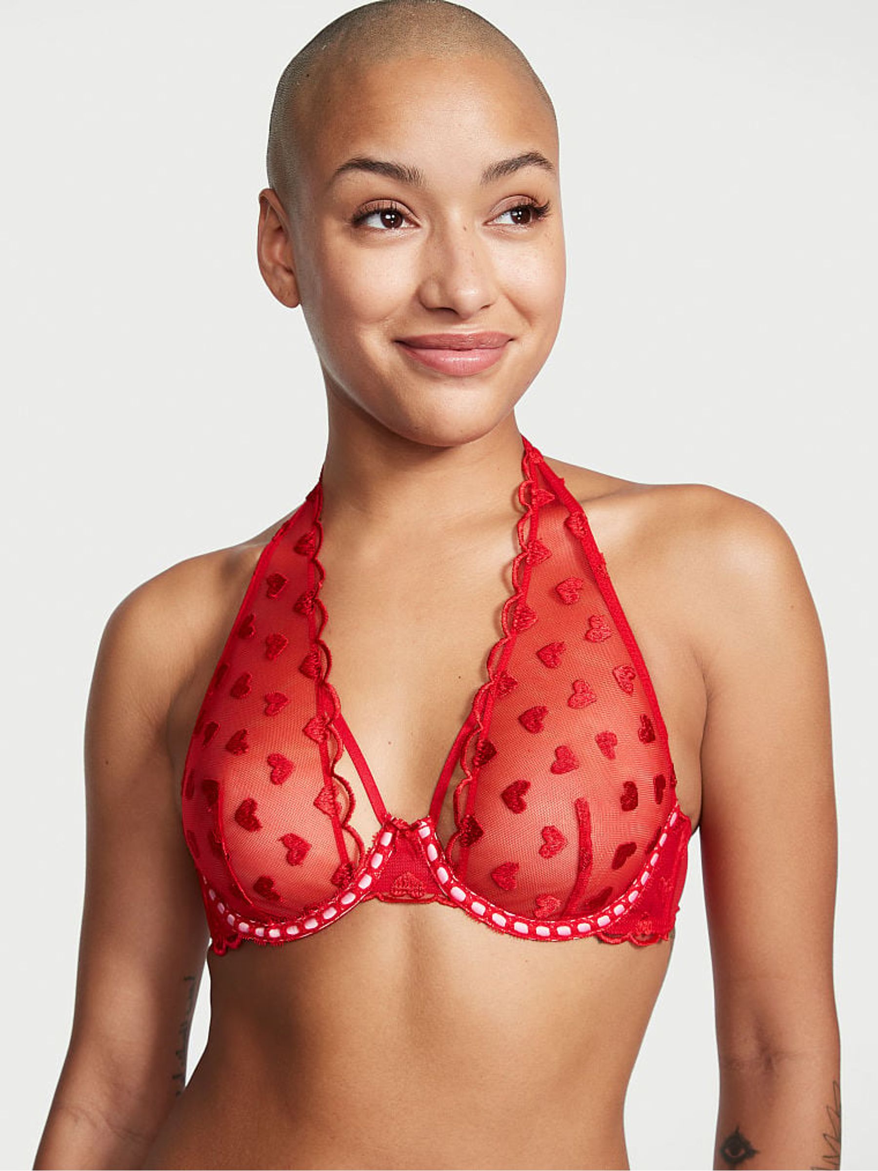 Red Heart Embroidered Halterneck Balcony Bra - Image 1 of 2