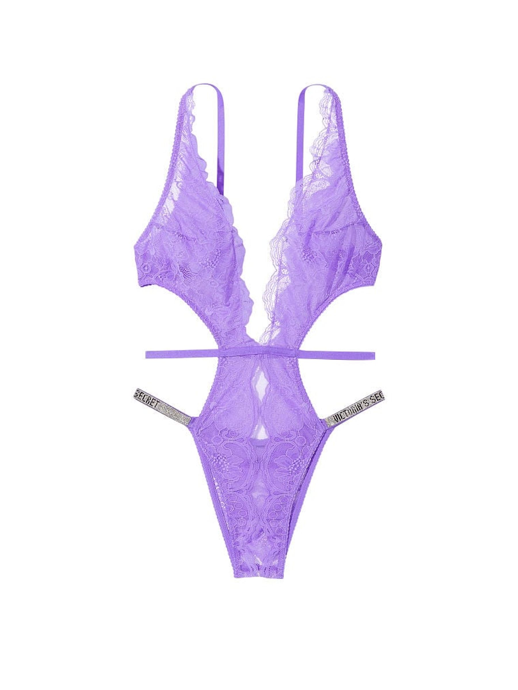 Luscious Lavender Purple Shine Strap Lace Crotchless Bodysuit - Image 4 of 4