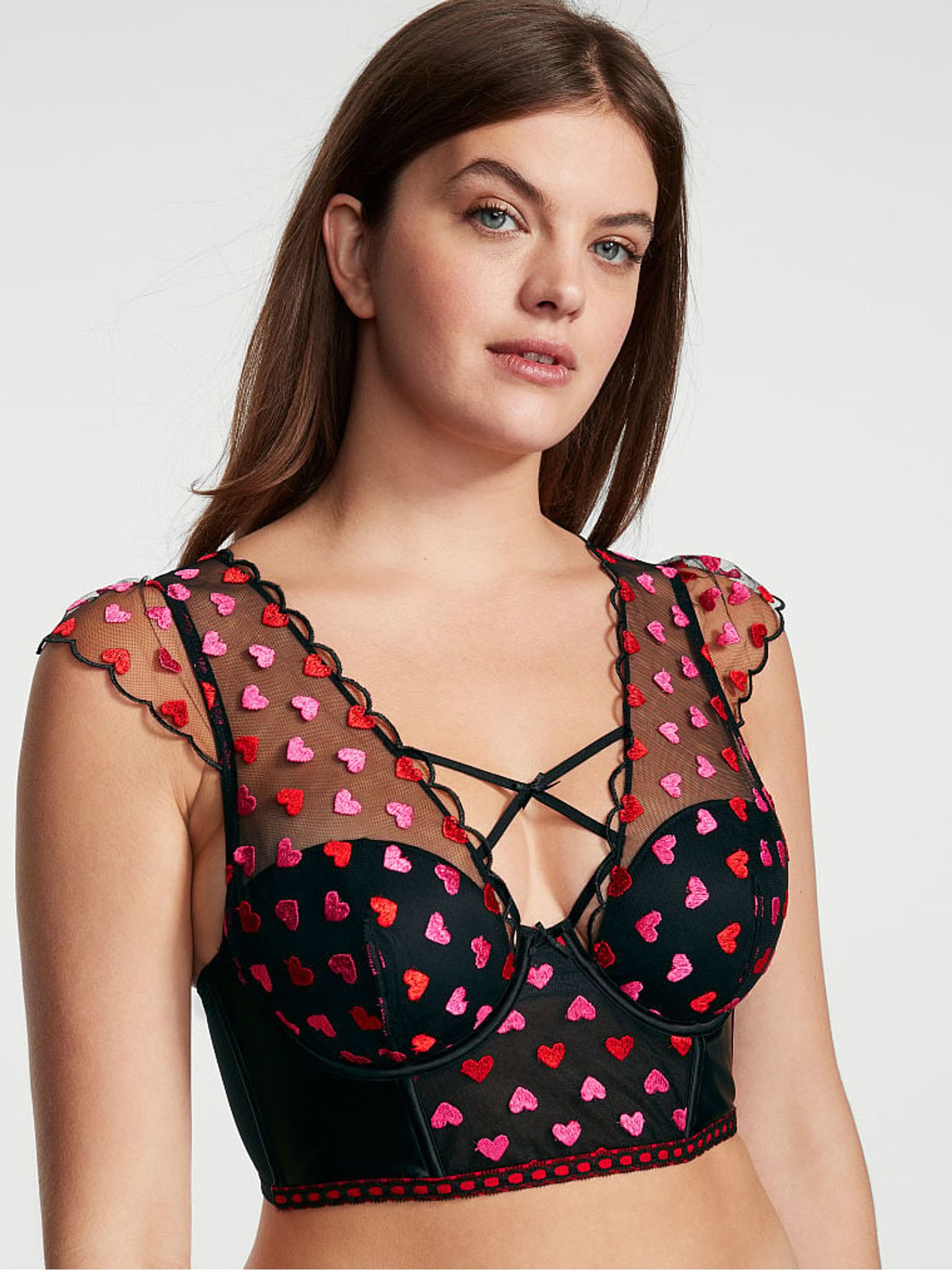Black Multi Heart Embroidered Lightly Lined Corset Bra Top - Image 1 of 1