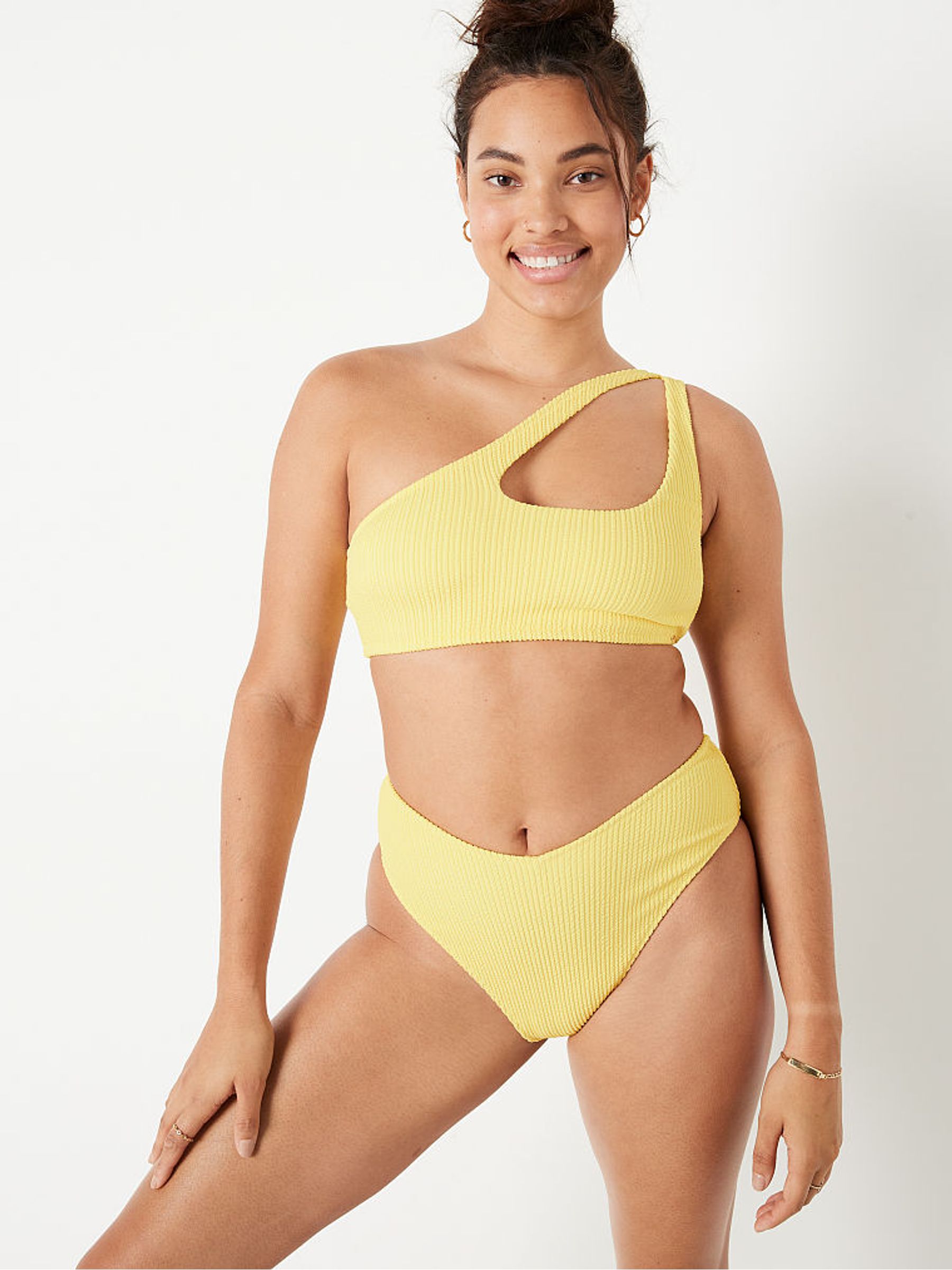 Yellow Crinkle One Shoulder Bikini Top - Image 3 of 5