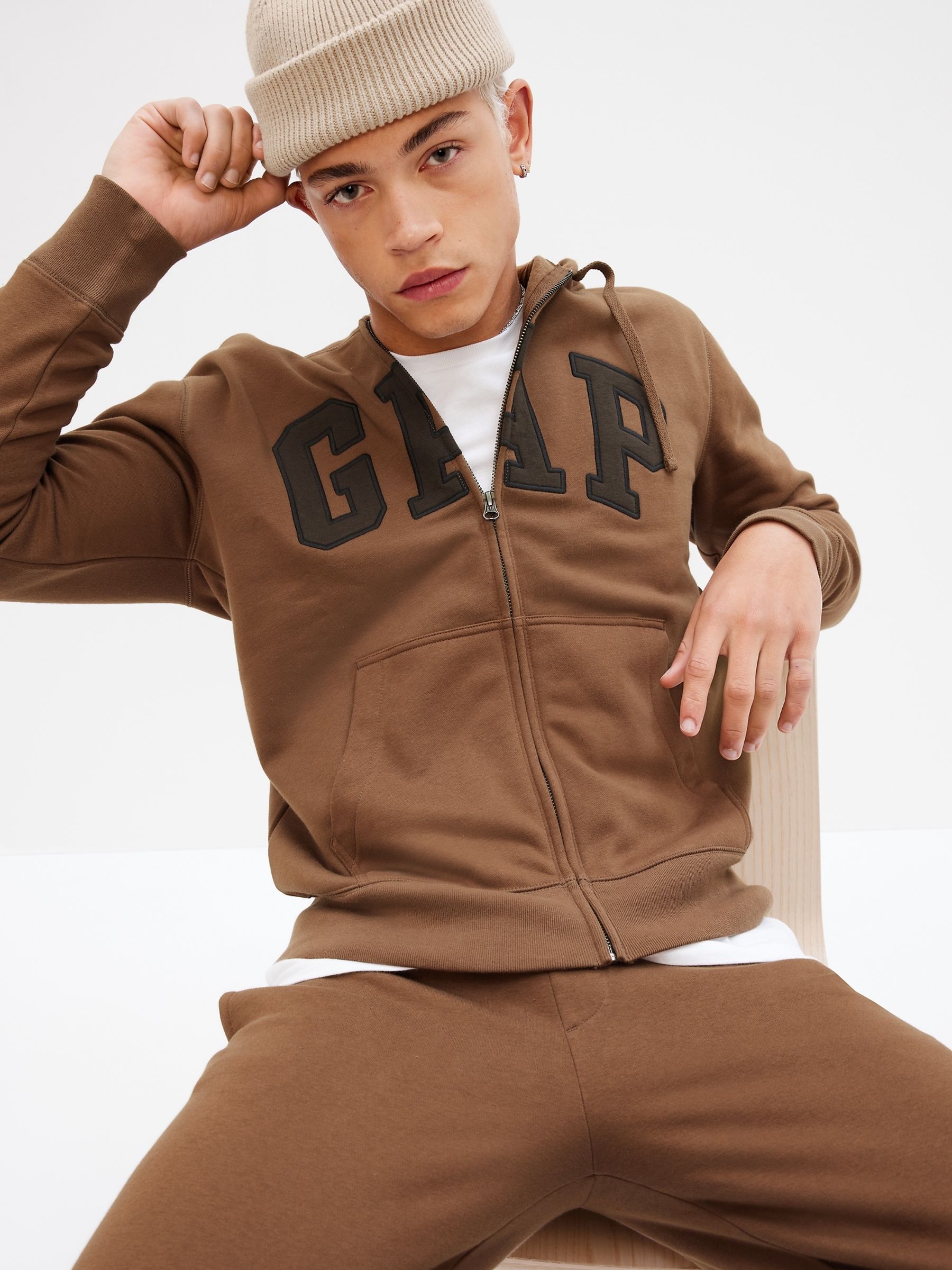 Logo Zip Gap Zip Up Hoodie Mens Brown Logo Zip Up Hoodie Gap