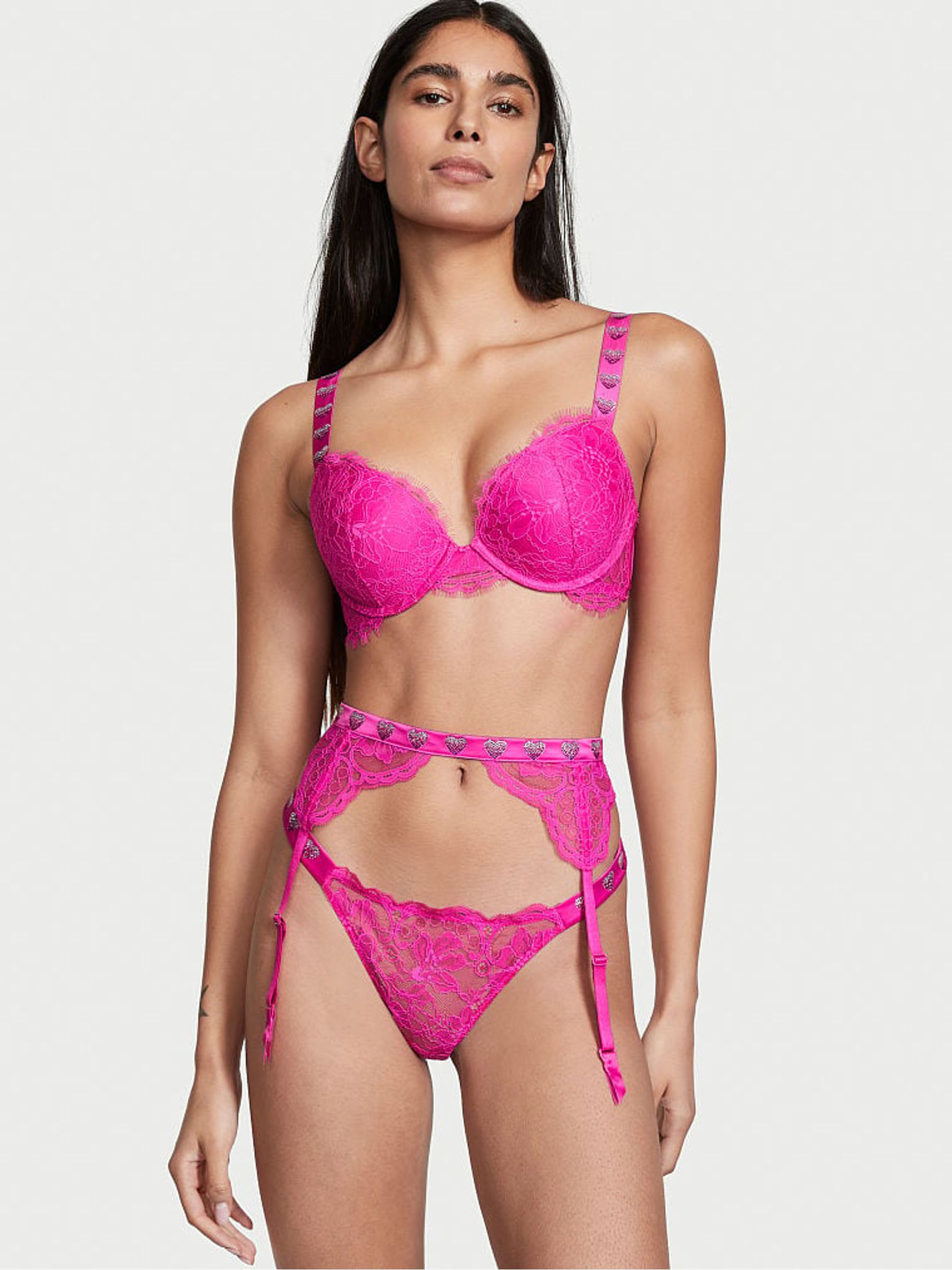 Fuchsia Frenzy Pink Lace Shine Strap Suspenders | Victoria display picture 3