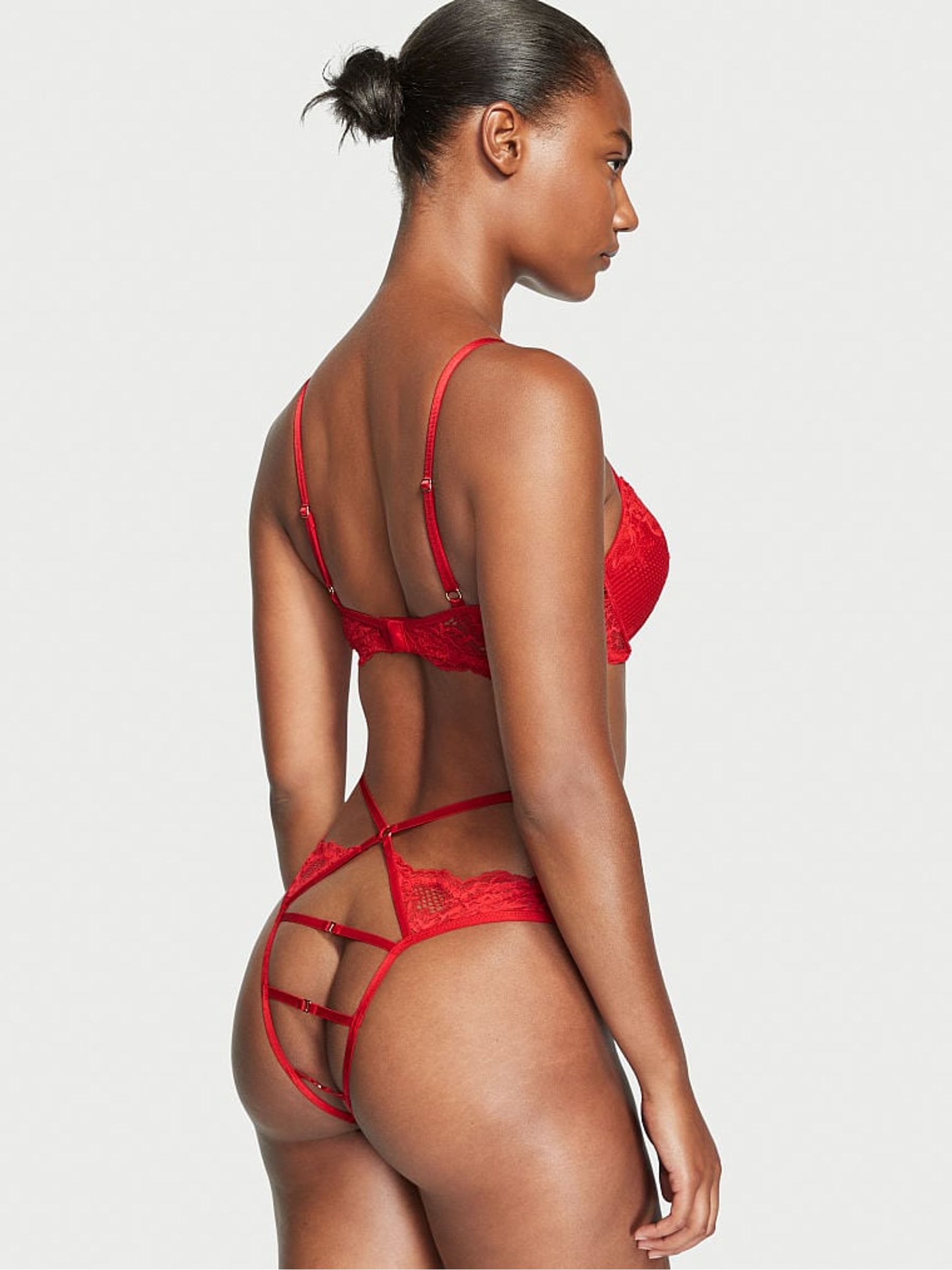 Lipstick Red Fishnet Floral Open Back Brazilian Knickers - Image 2 of 4