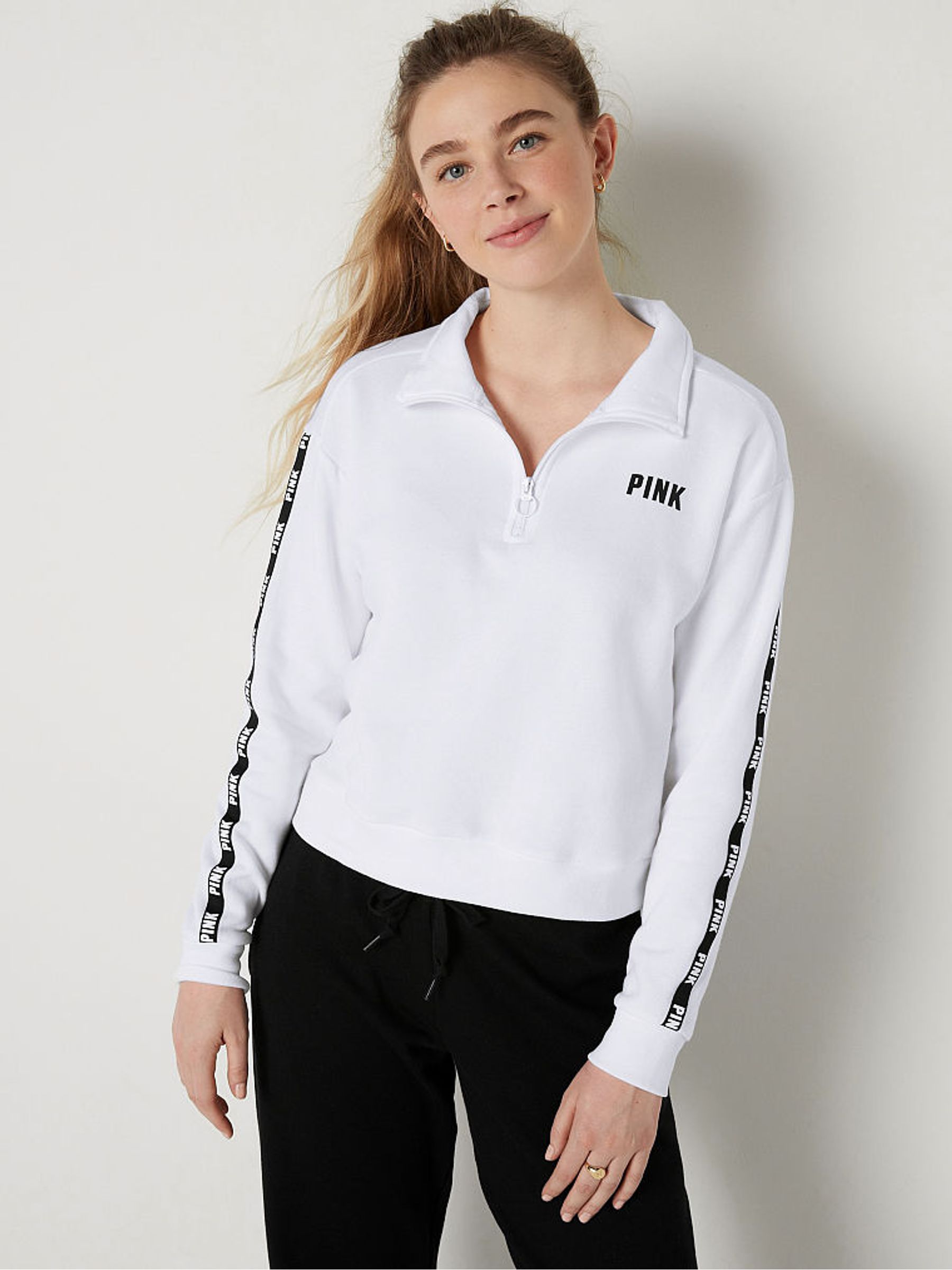 Optic White Zip Up Long Sleeve Crop Sweatshirt - Image 1 of 5