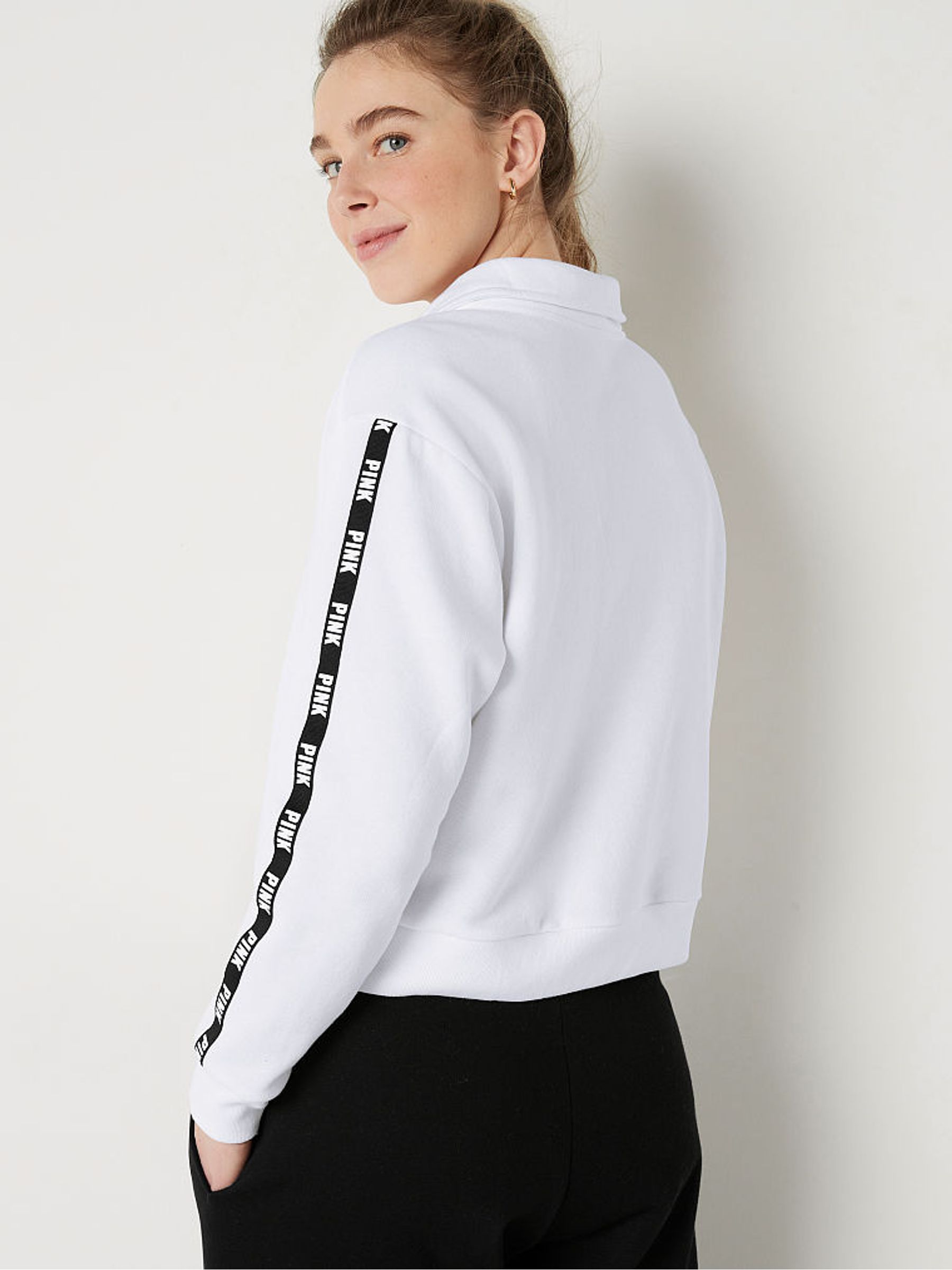 Optic White Zip Up Long Sleeve Crop Sweatshirt - Image 2 of 5