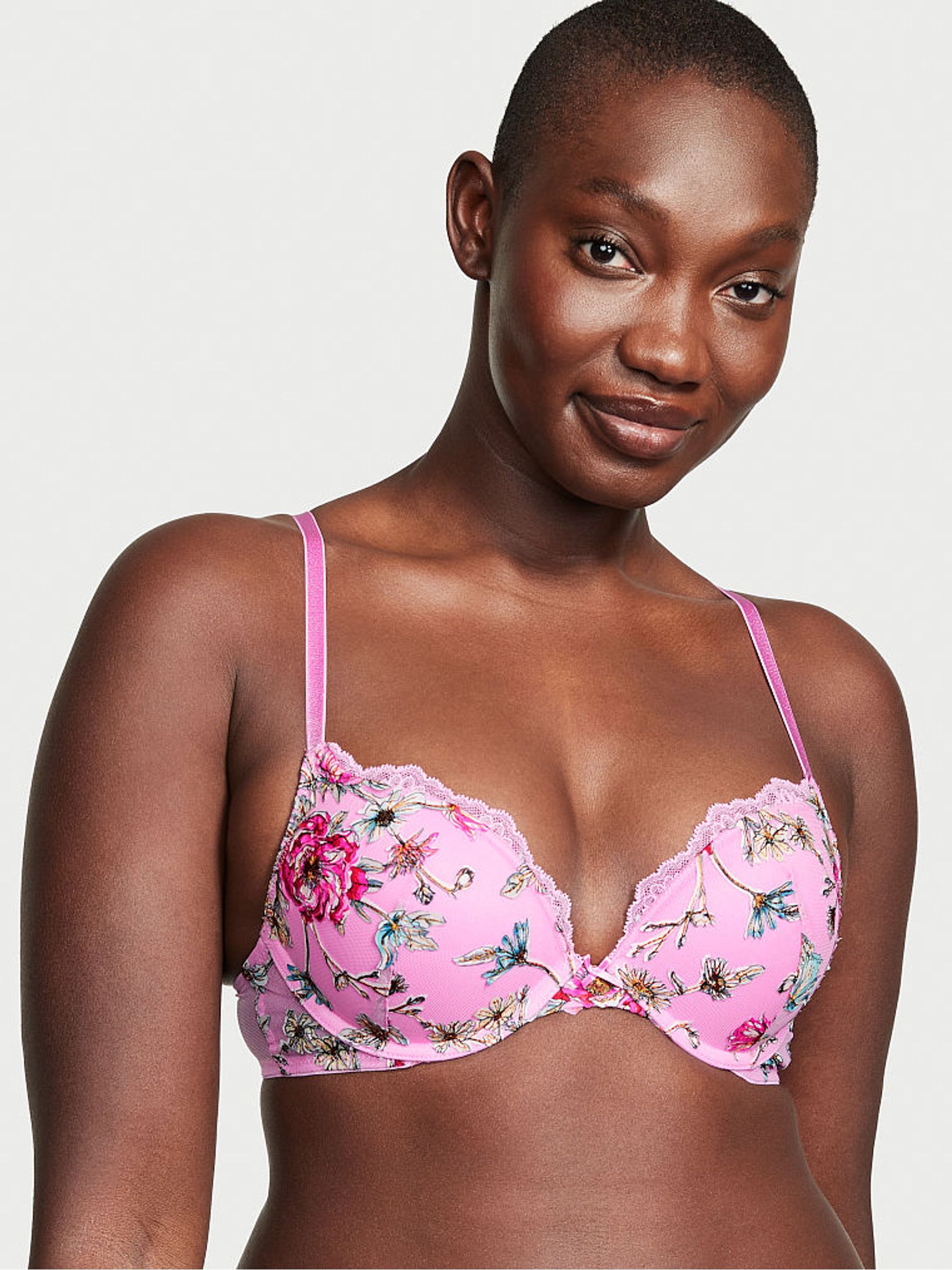 Pink Chiffon Push Up Embroidered Demi Bra - Image 1 of 3