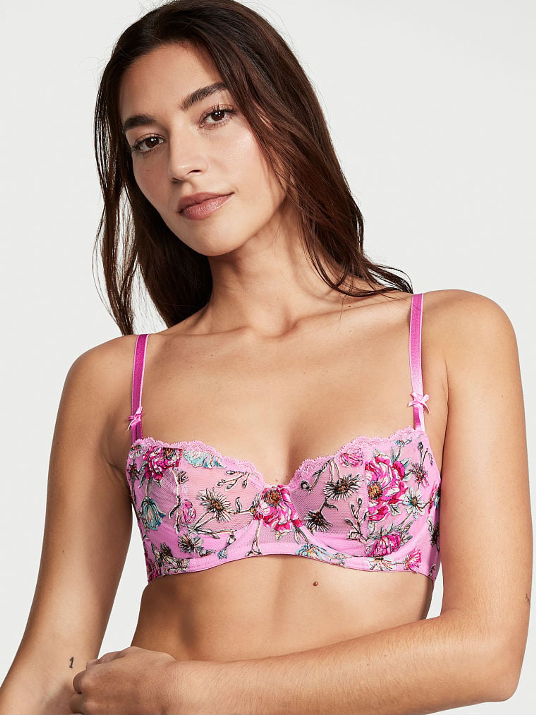 Pink Chiffon Unlined Balcony Embroidered Demi Bra - Image 1 of 3