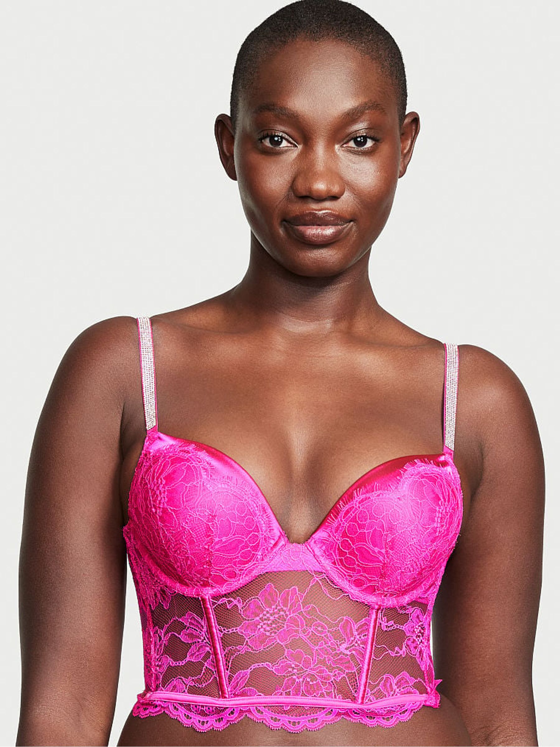 Fuchsia Frenzy Pink Corset Bombshell Add 2 Cups Shine Strap Corset Bra Top - Image 1 of 4