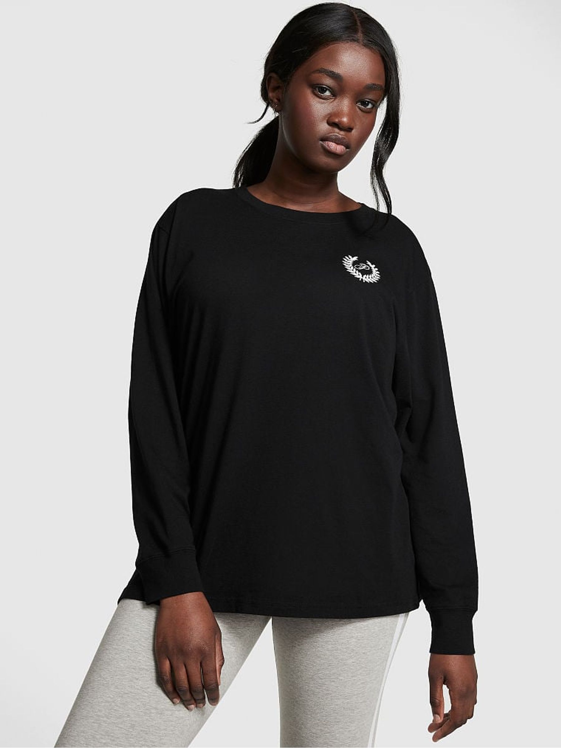Pure Black Long Sleeve Long Sleeve Oversized Campus T-Shirt - Image 1 of 4