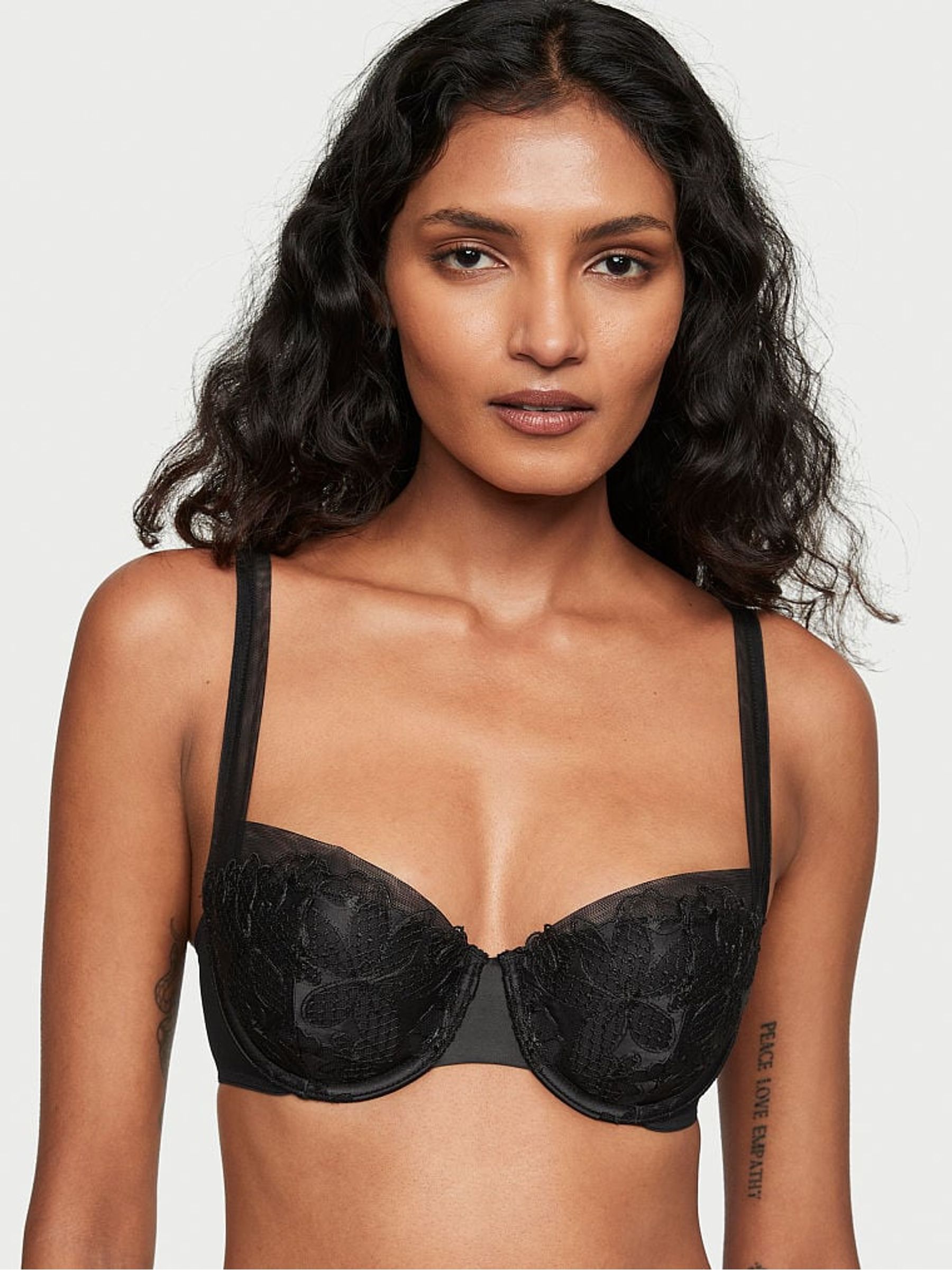 Black Satin Fishnet Floral Balcony Bra - Image 1 of 2