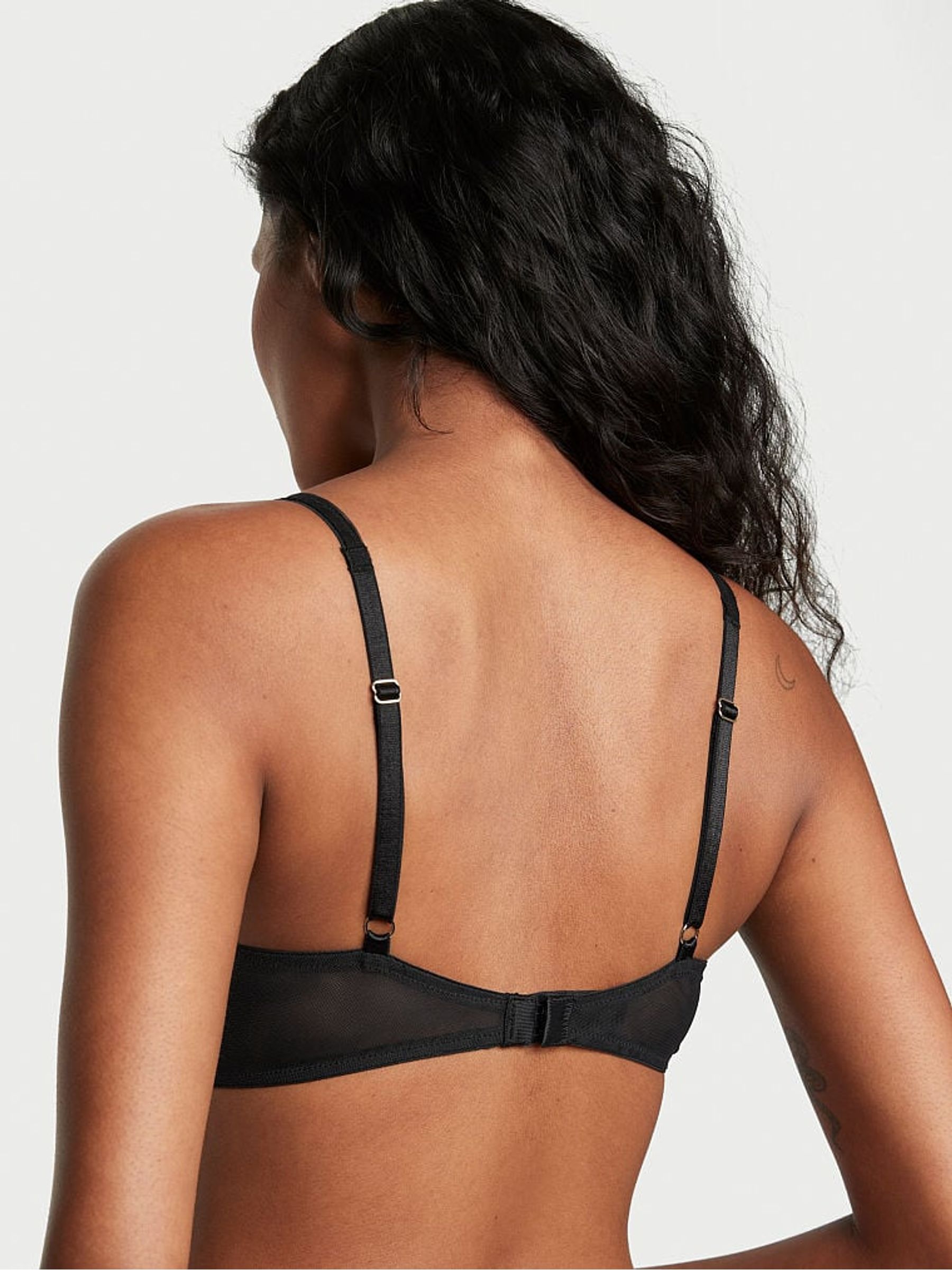 Black Satin Fishnet Floral Balcony Bra - Image 2 of 2