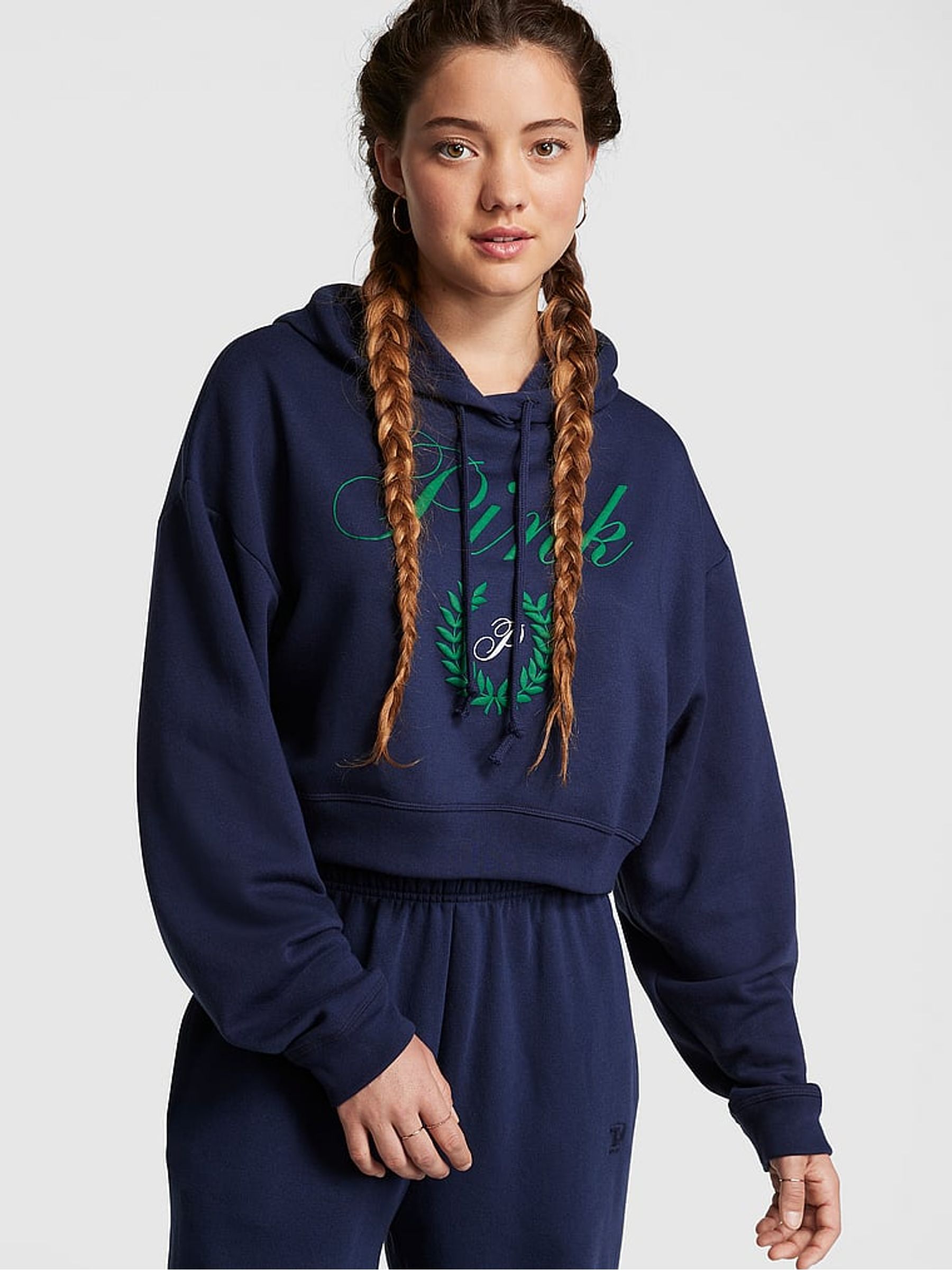 Midnight Navy Blue Fleece Cropped Hoodie - Image 1 of 4