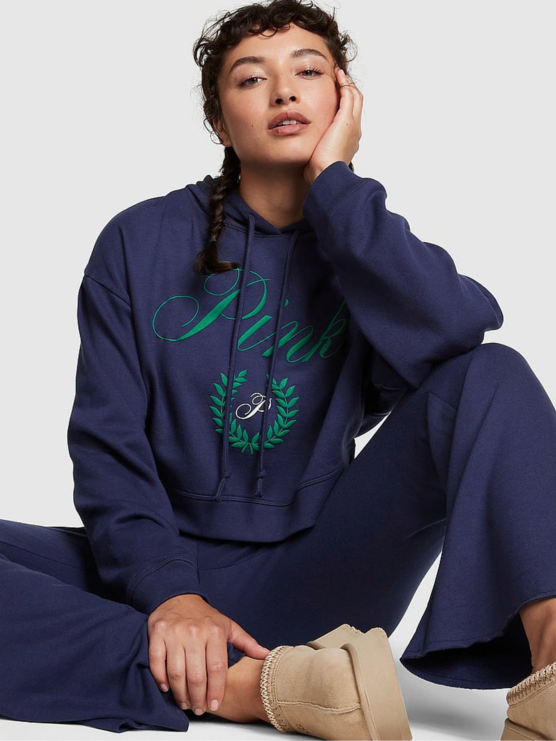 Midnight Navy Blue Fleece Cropped Hoodie - Image 3 of 4