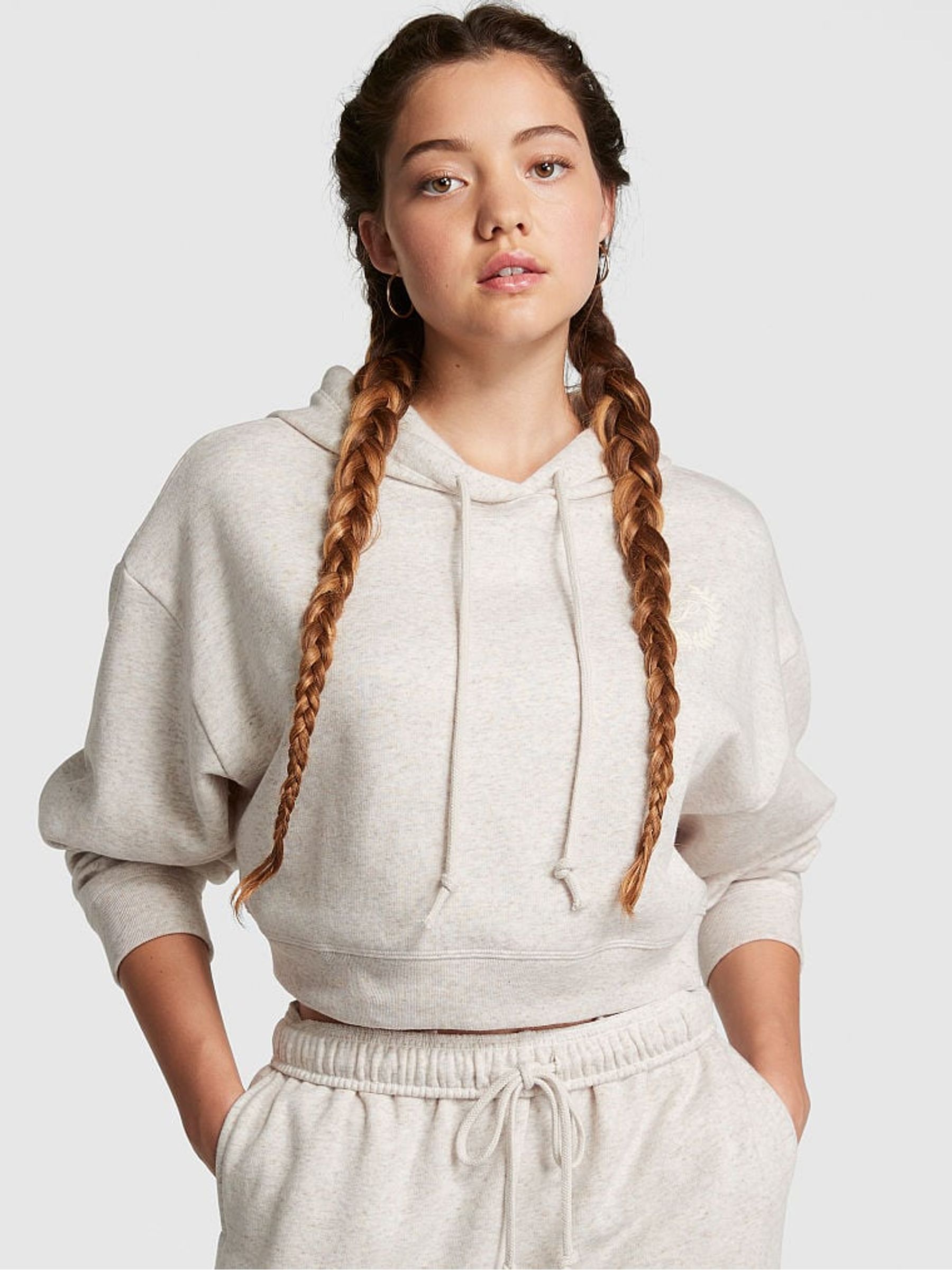 Heather Oatmeal Beige Fleece Cropped Hoodie - Image 1 of 4