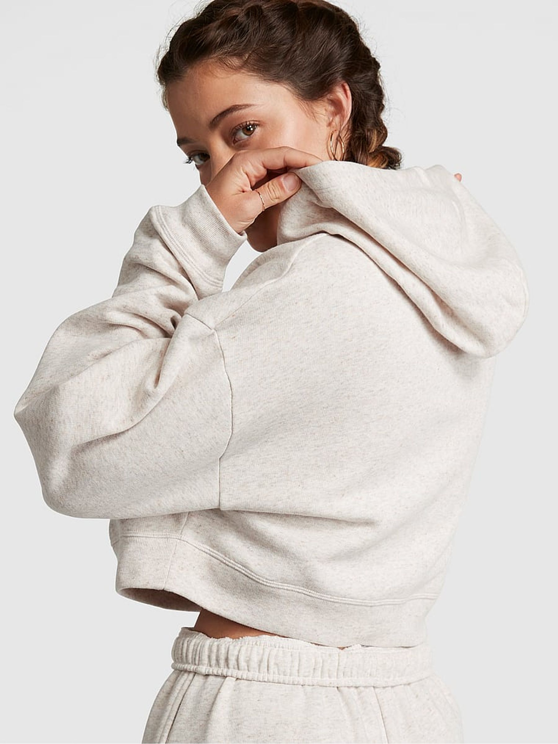 Heather Oatmeal Beige Fleece Cropped Hoodie - Image 2 of 4