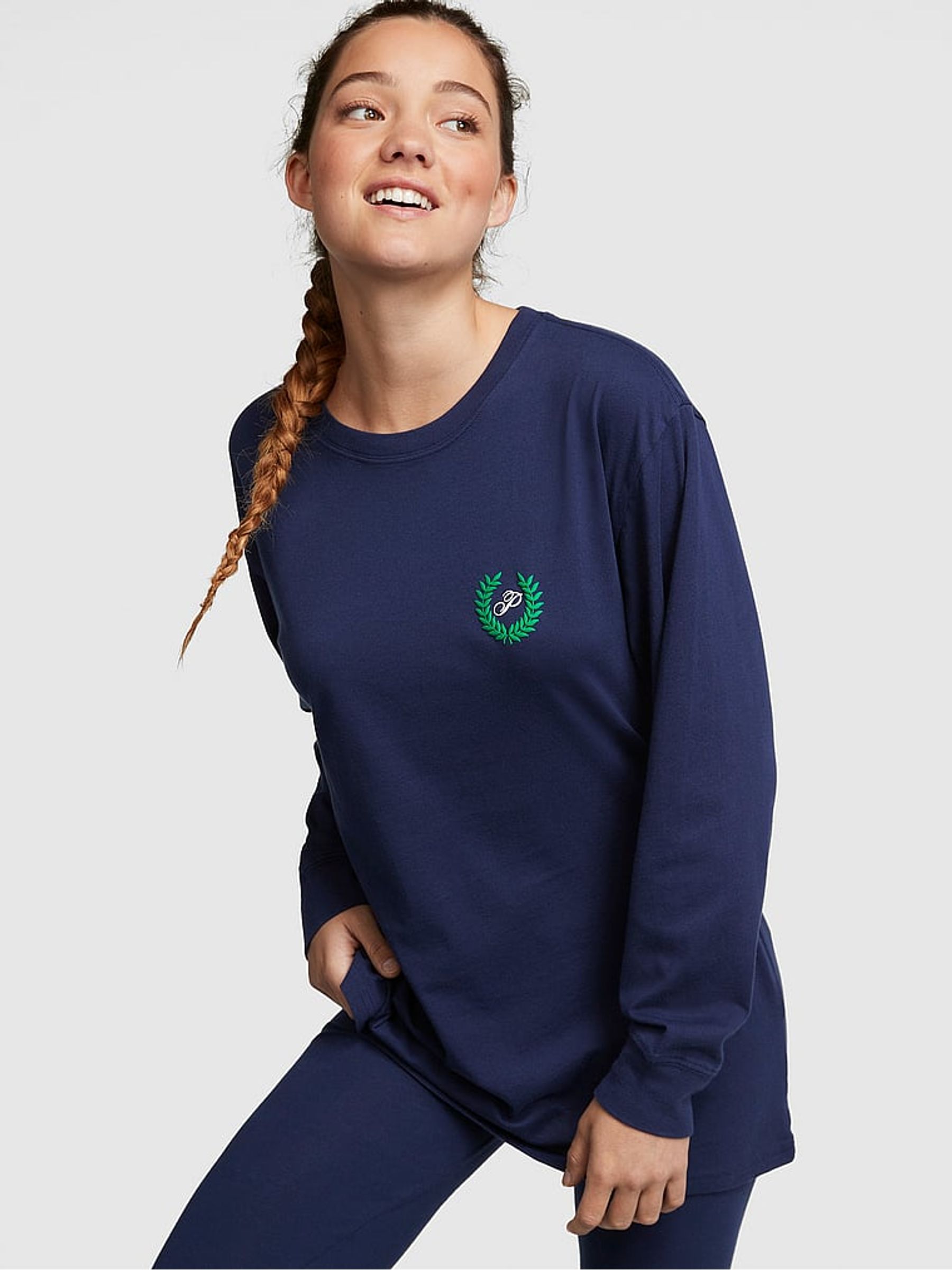 Midnight Navy Blue Long Sleeve Oversized Campus T-Shirt - Image 1 of 4