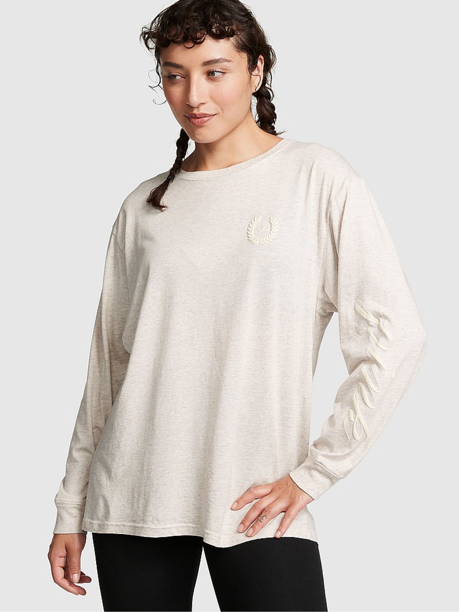 Heather Oatmeal Beige Long Sleeve Oversized Campus T-Shirt - Image 1 of 3