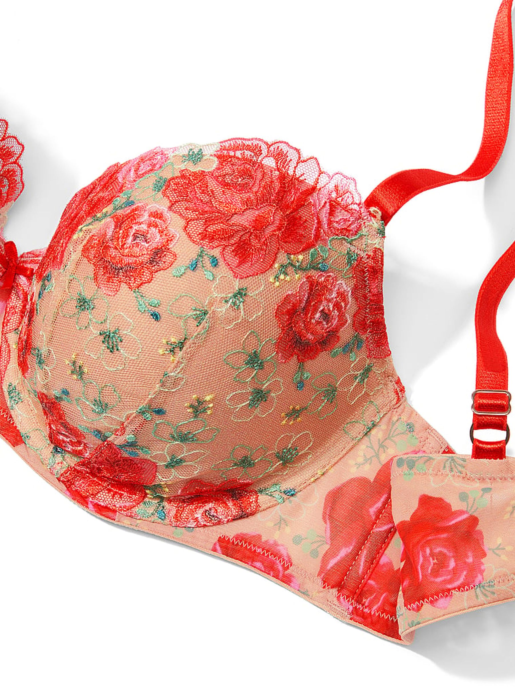 Tomato Red Embroidered Illuminating Blooms Demi Bra - Image 4 of 4