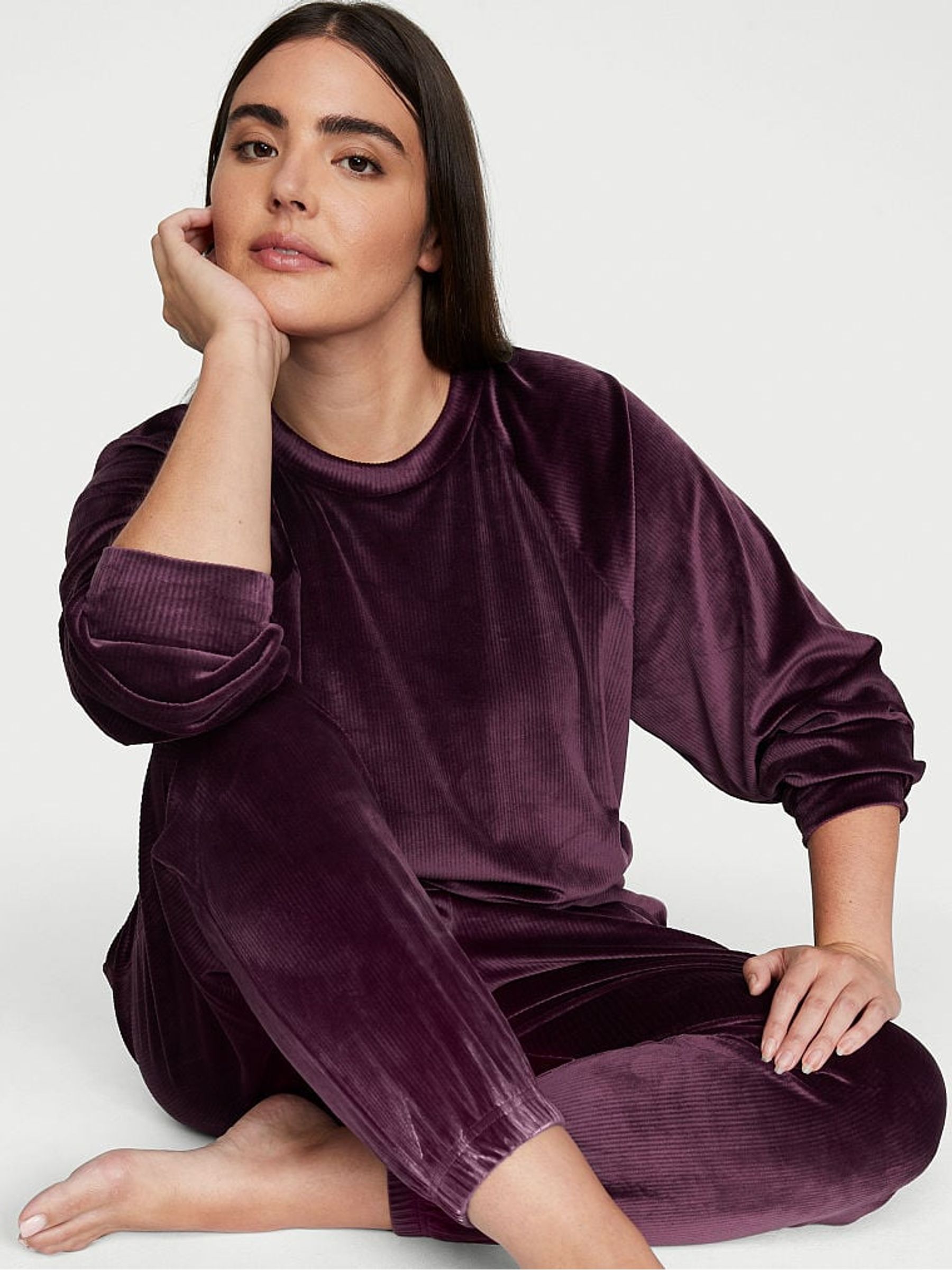 Winter Wine Purple Ribbed Velour Fleece Crew Jumper - Image 3 of 4