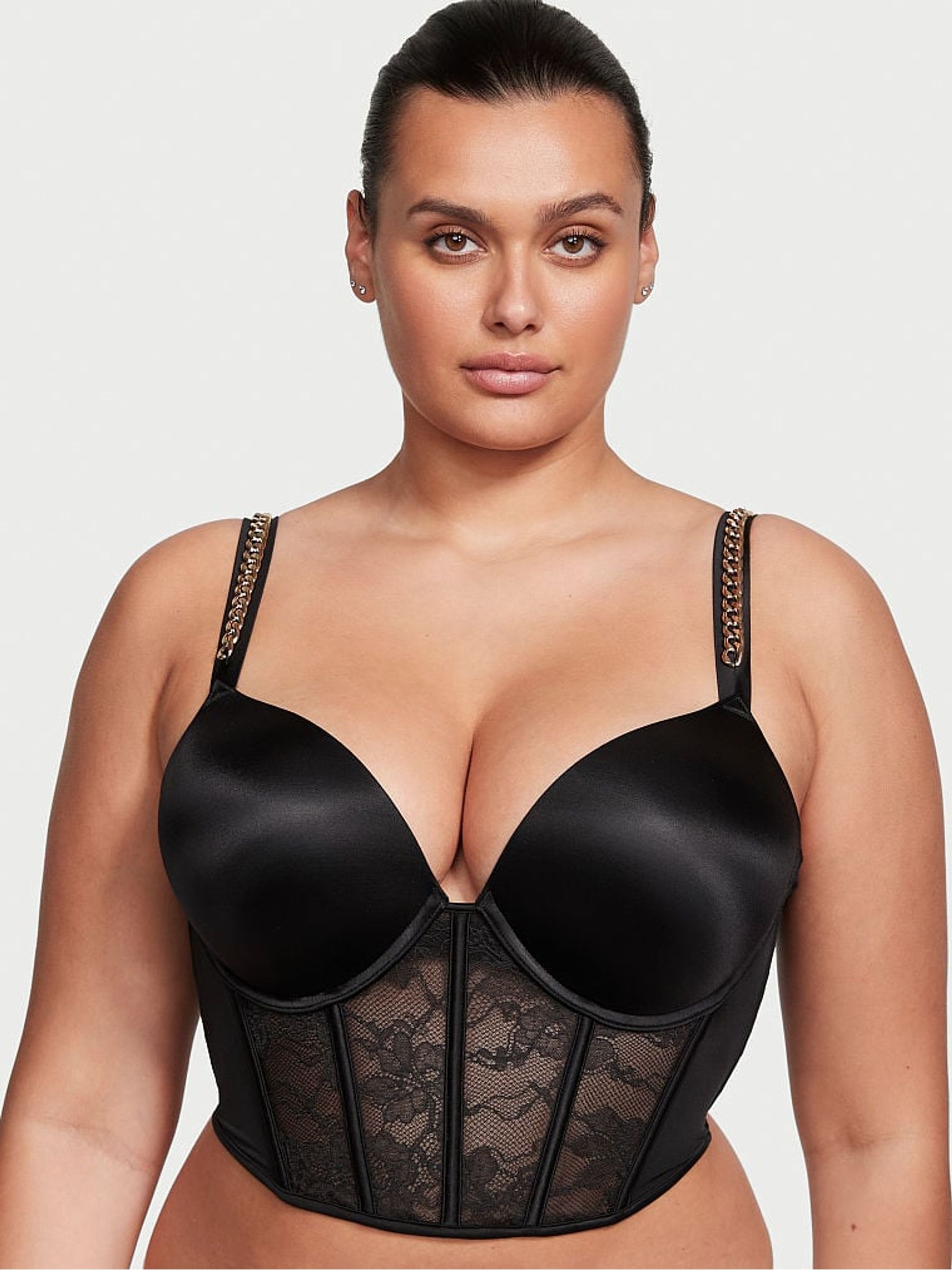 Black Lace Chain Push Up Shine Strap Adds 2 Cups Bombshell Bra - Image 1 of 3