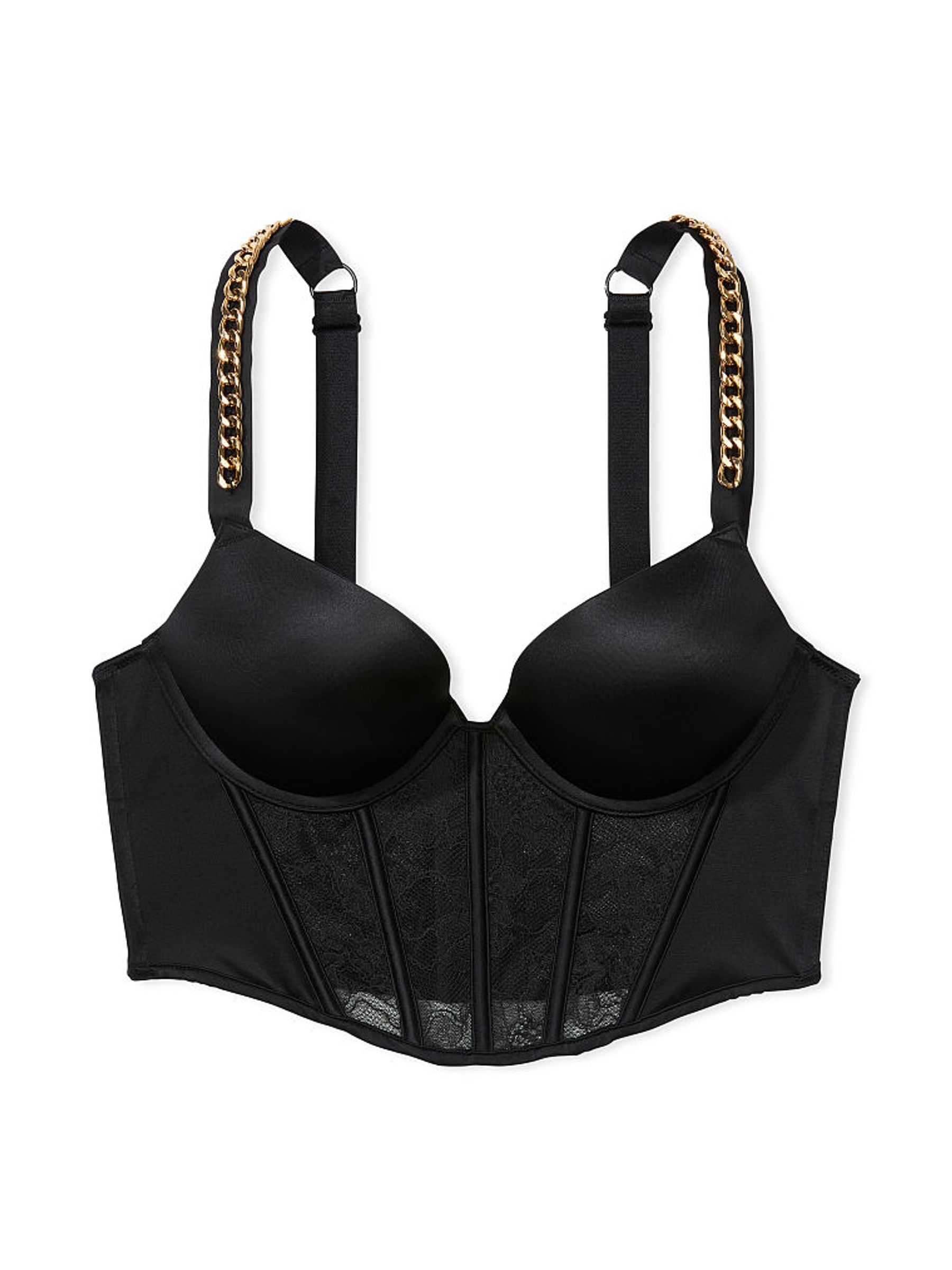 Black Lace Chain Push Up Shine Strap Adds 2 Cups Bombshell Bra - Image 3 of 3