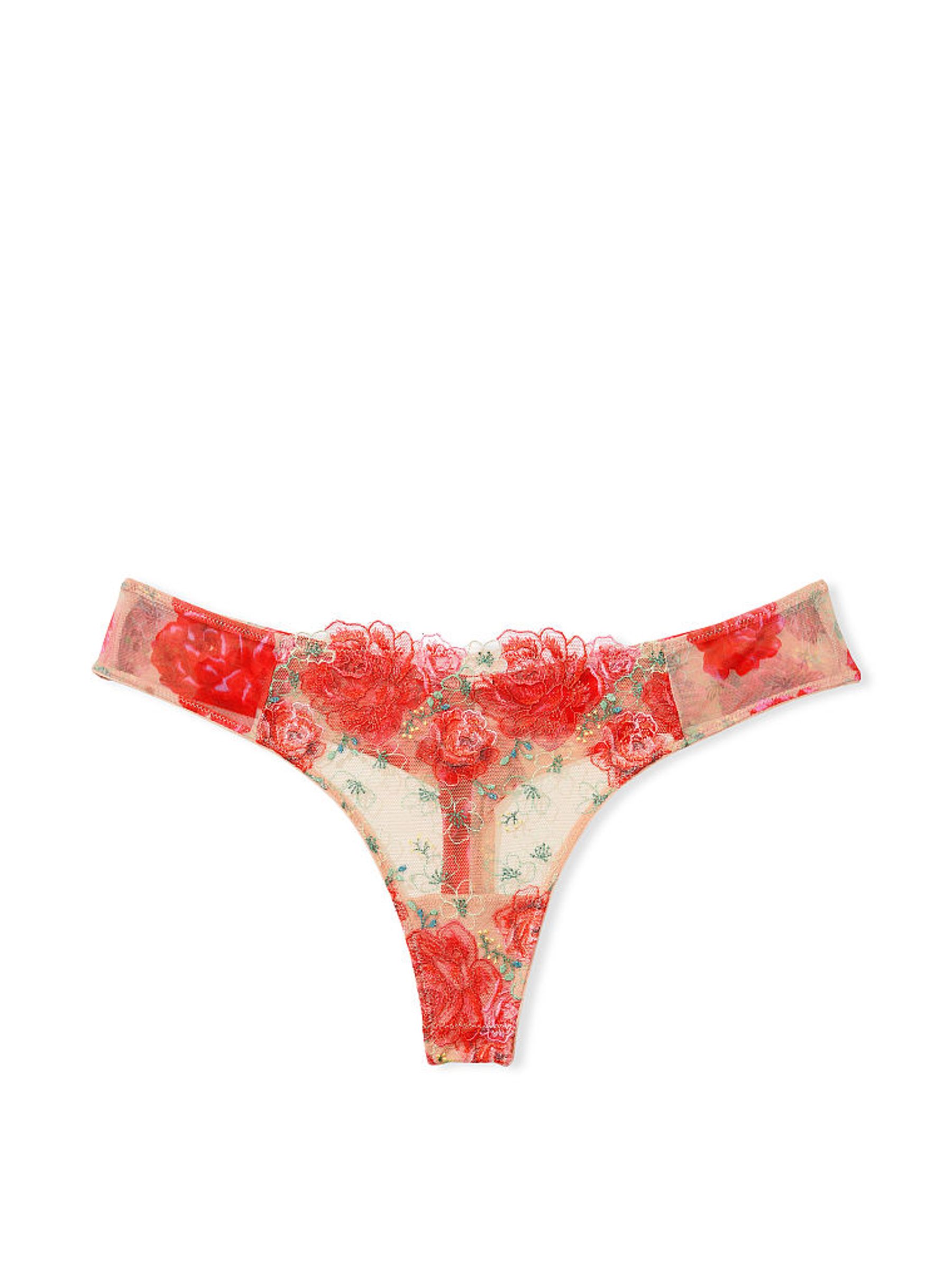 Tomato Red Embroidered Illuminating Blooms Thong Knickers - Image 3 of 4
