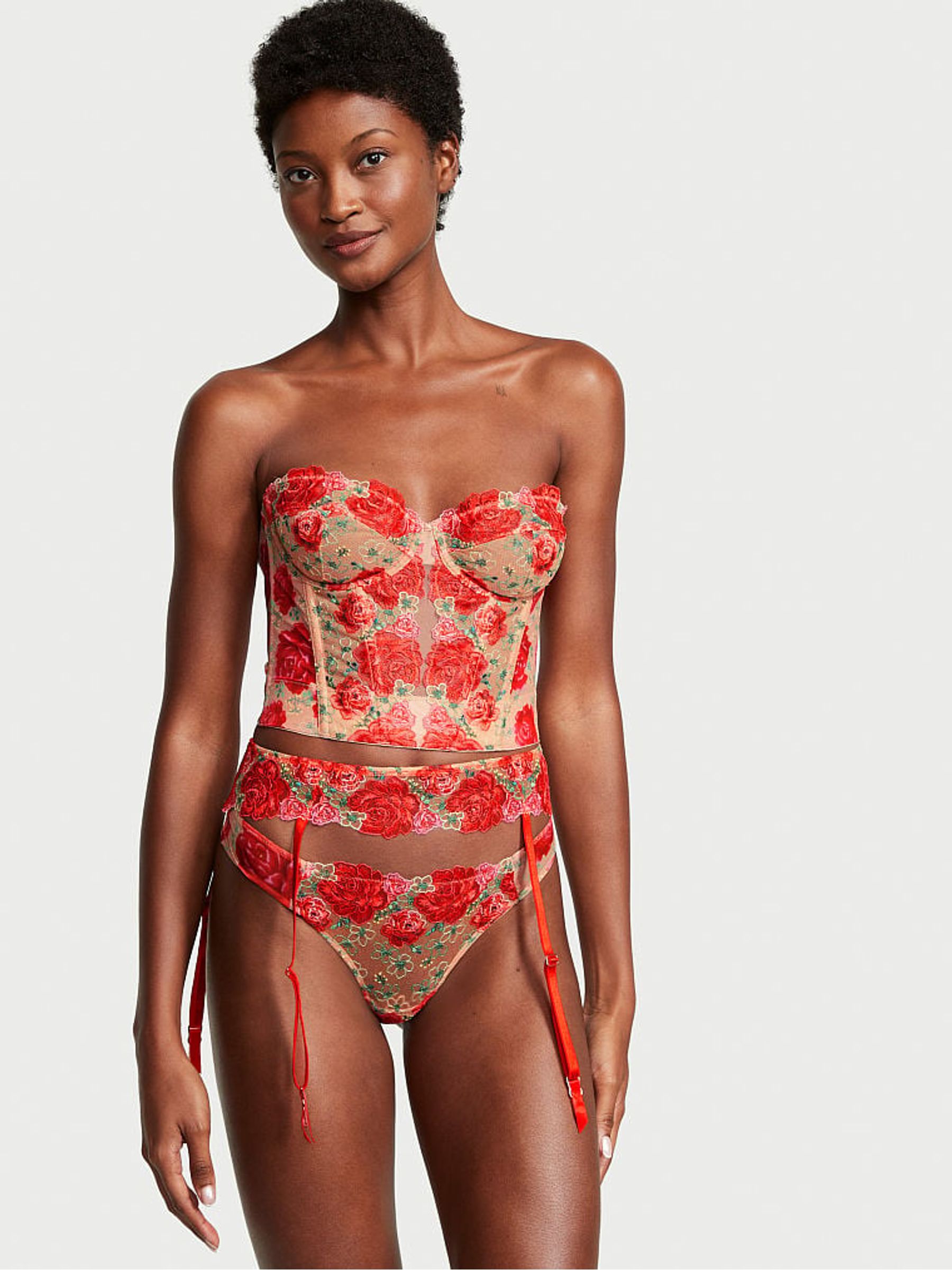 Tomato Red Embroidered Illuminating Blooms Garter - Image 1 of 2