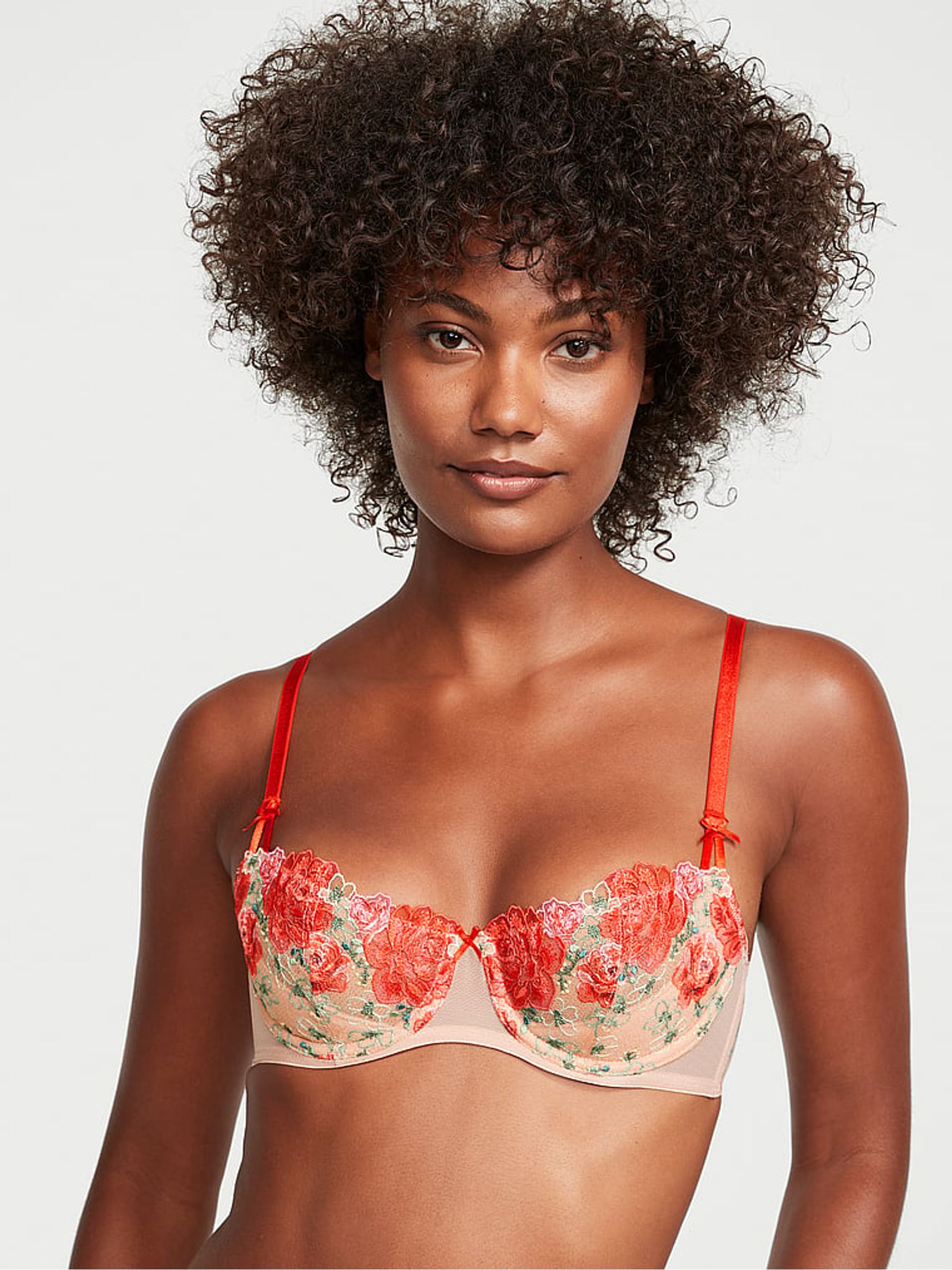 Tomato Red Embroidered Illuminating Blooms Lightly Lined Balcony Bra - Image 1 of 4