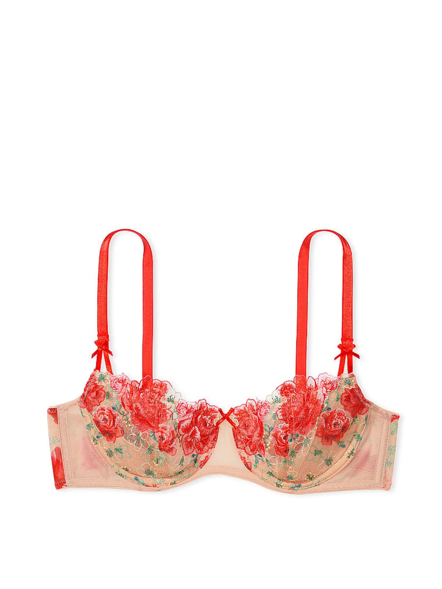 Tomato Red Embroidered Illuminating Blooms Lightly Lined Balcony Bra - Image 3 of 4
