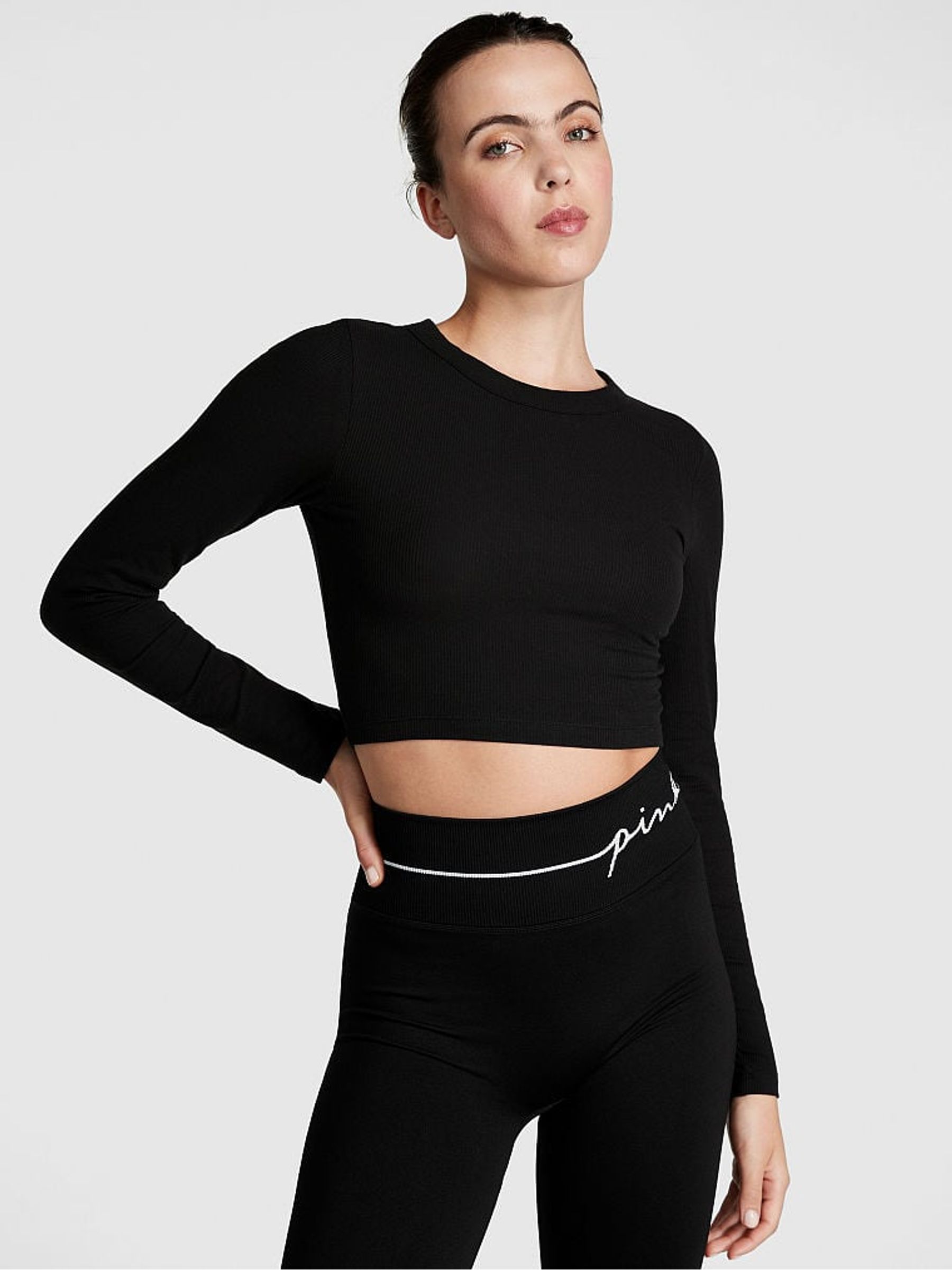 Pure Black Long Sleeve Ribbed Crop Top - Image 1 of 3