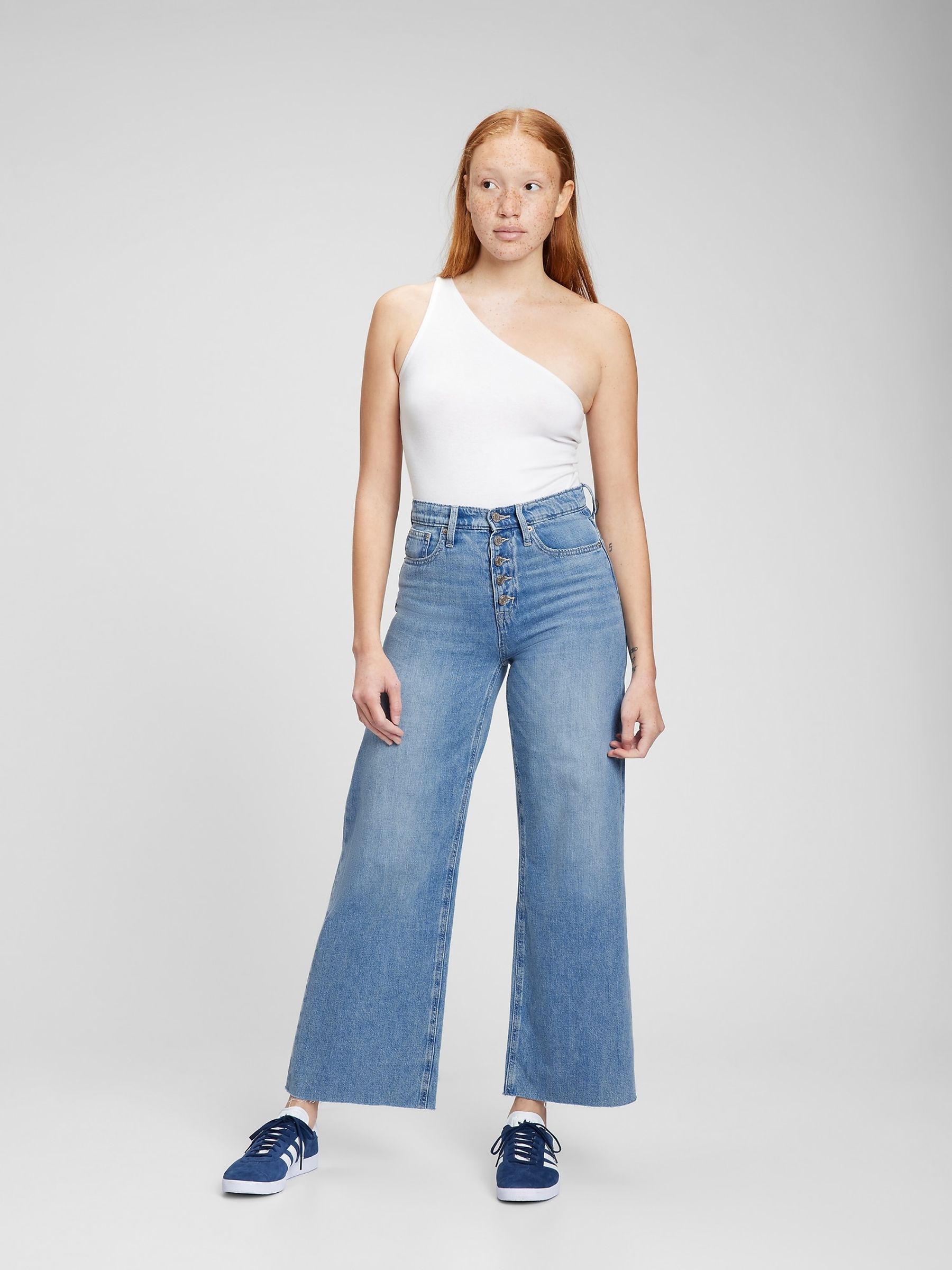 Mid Wash Blue High Waisted Raw Hem Wide Leg Jeans - Image 1 of 7