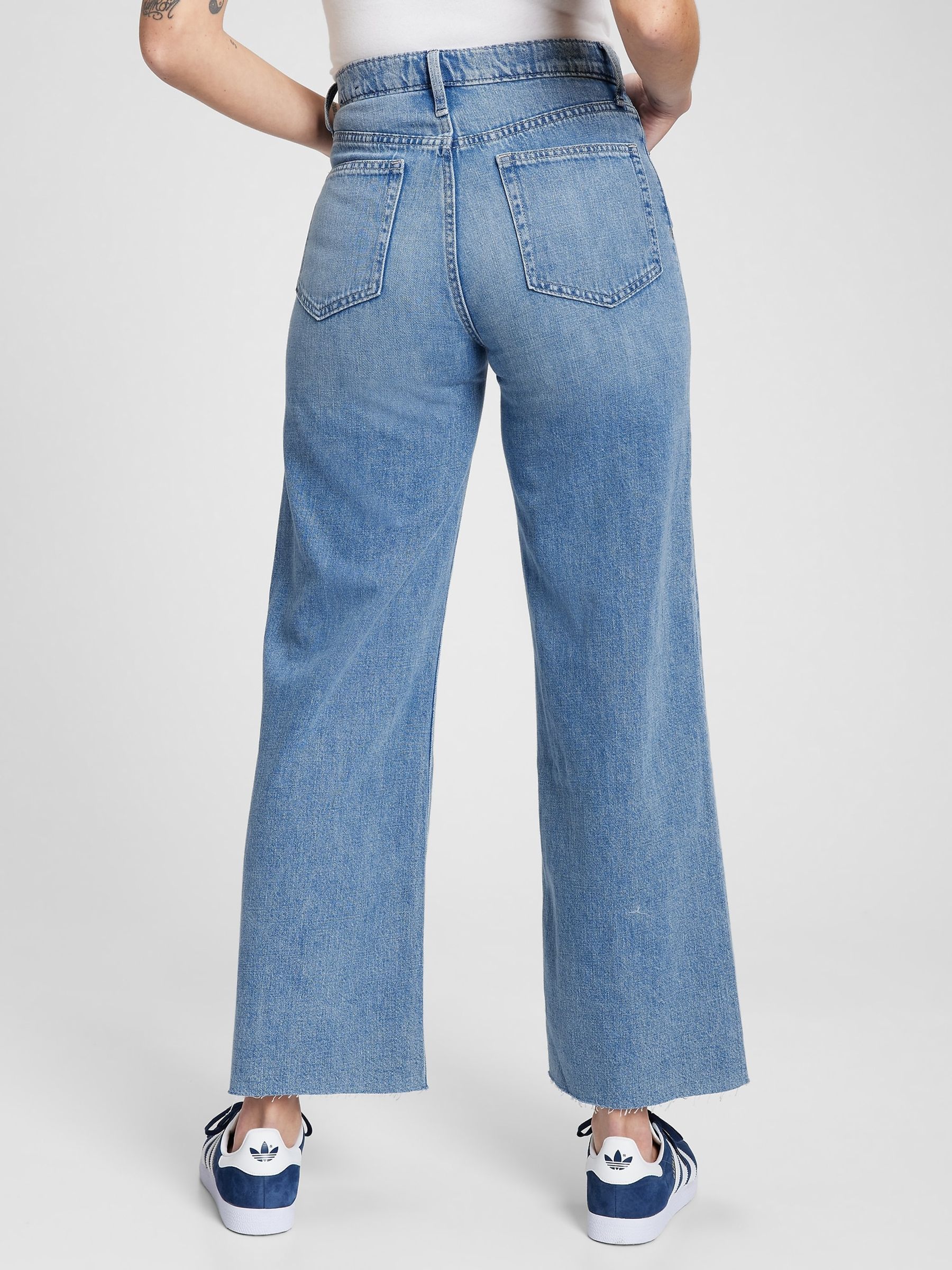 Mid Wash Blue High Waisted Raw Hem Wide Leg Jeans - Image 3 of 7