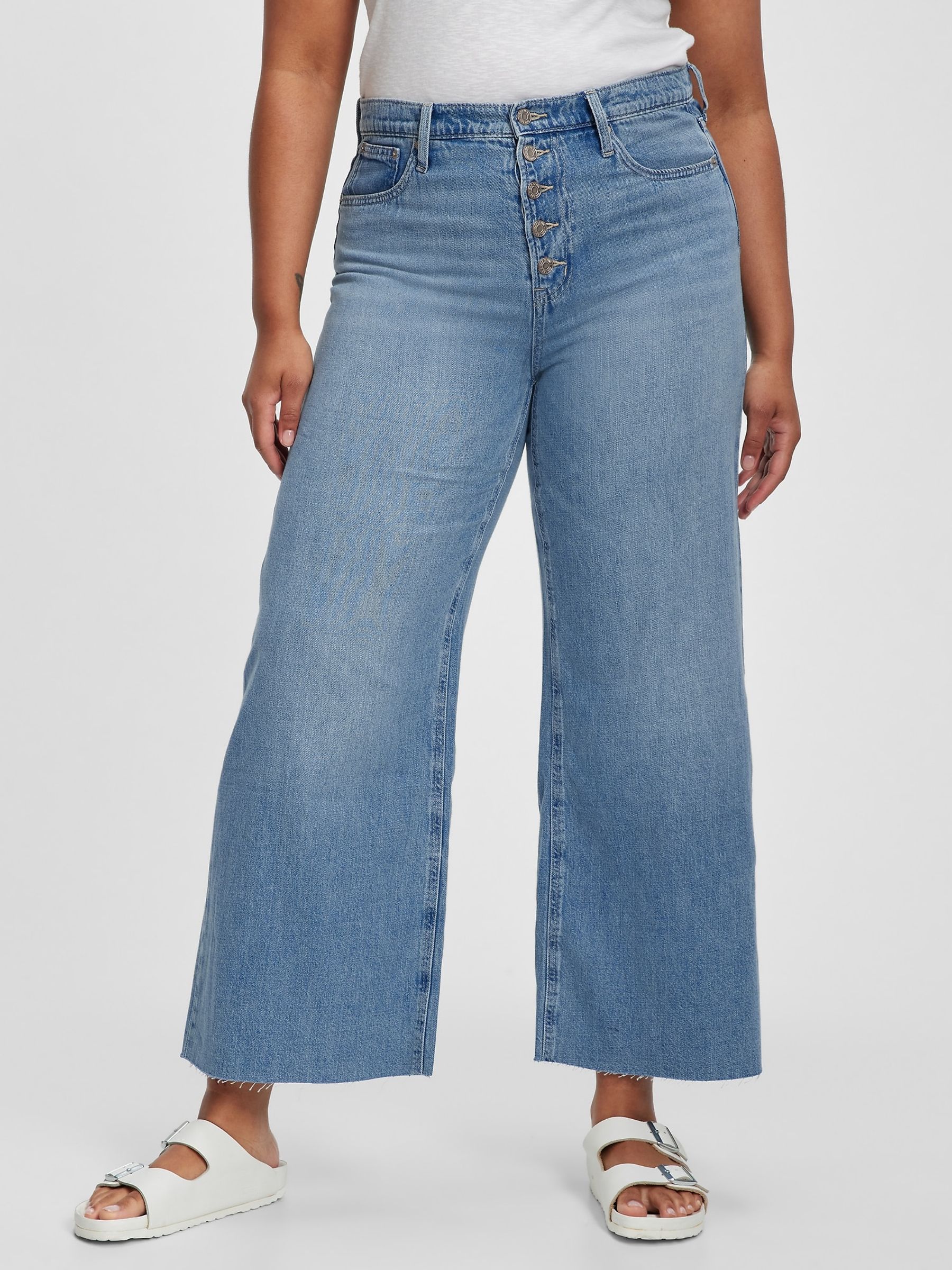 Mid Wash Blue High Waisted Raw Hem Wide Leg Jeans - Image 4 of 7