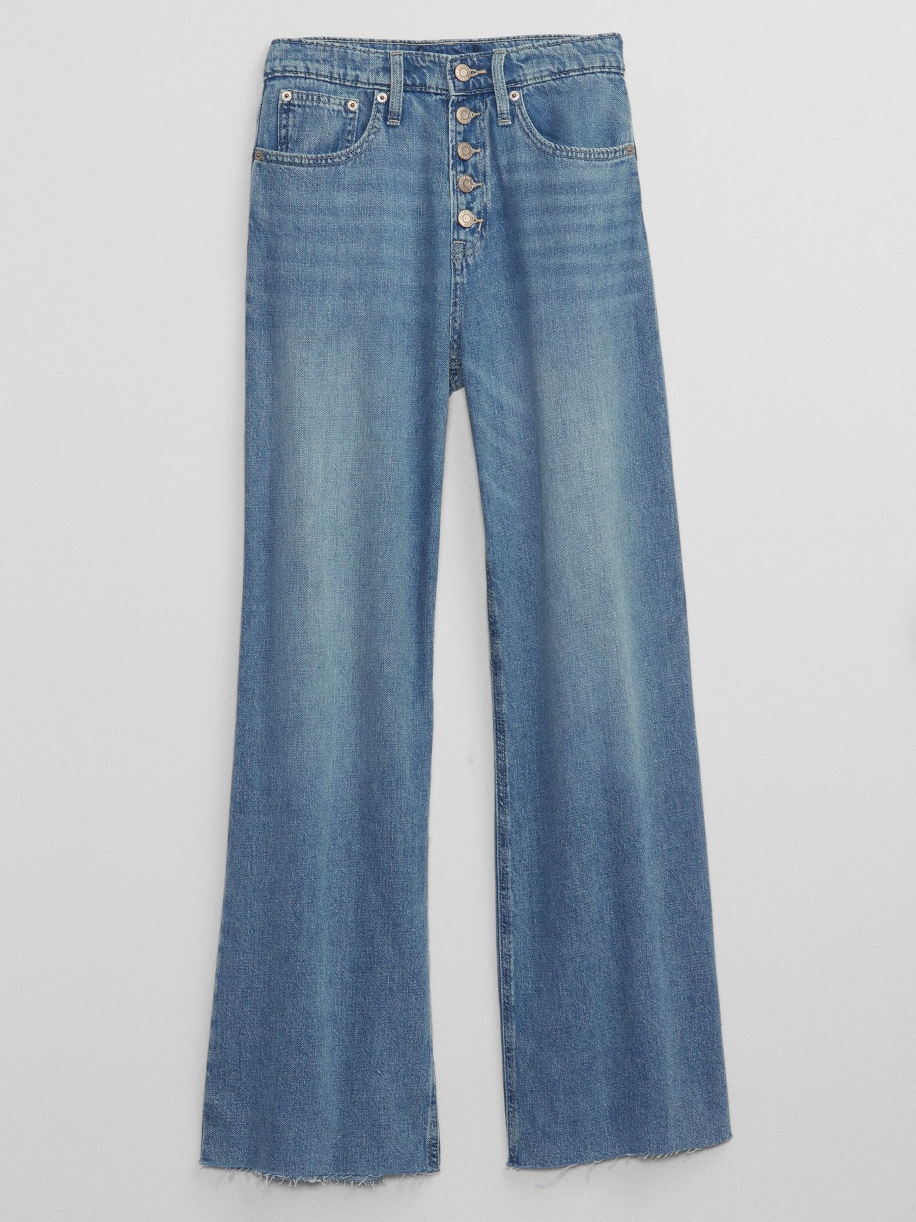 Mid Wash Blue High Waisted Raw Hem Wide Leg Jeans - Image 6 of 7